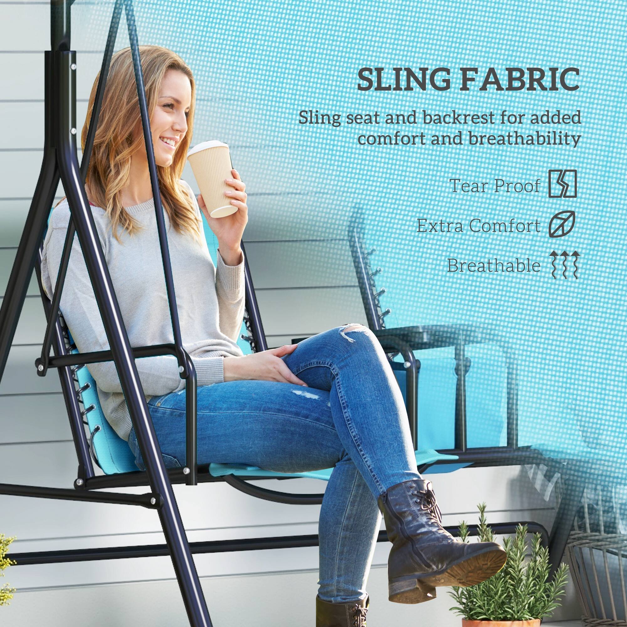 SLING FABRIC  
Sling seat and backrest for added comfort and breathability  
Tear Proof  
Extra Comfort  
Breathable