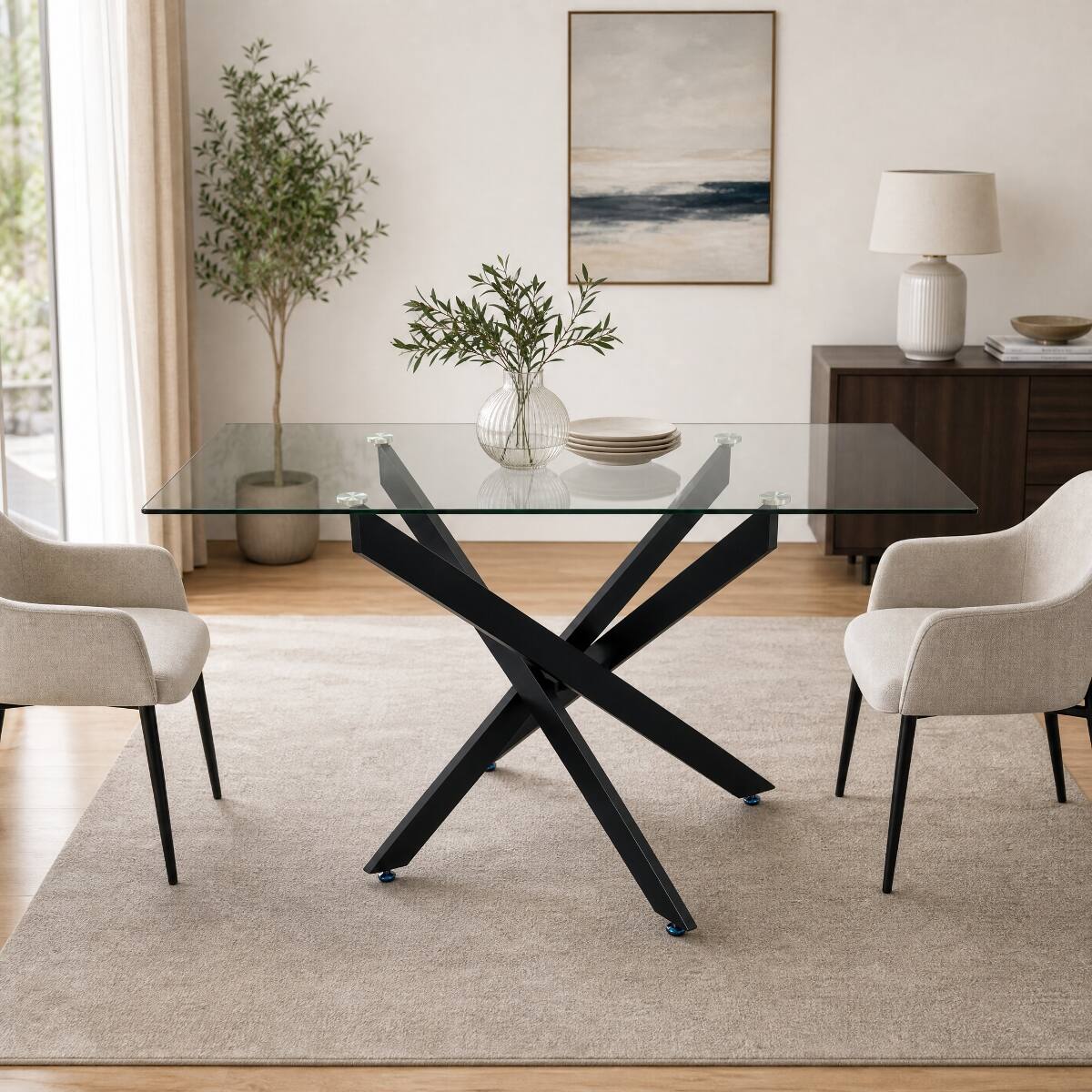 Front. Loheer - Loheer Rectangular Tempered Glass Dining Table, 47 Inch Black X Frame - Black.