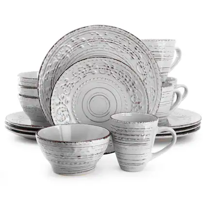 Front. Elama - Elama Malibu Calcite 16-Piece Dinnerware Set in Light Gray - Light Gray.