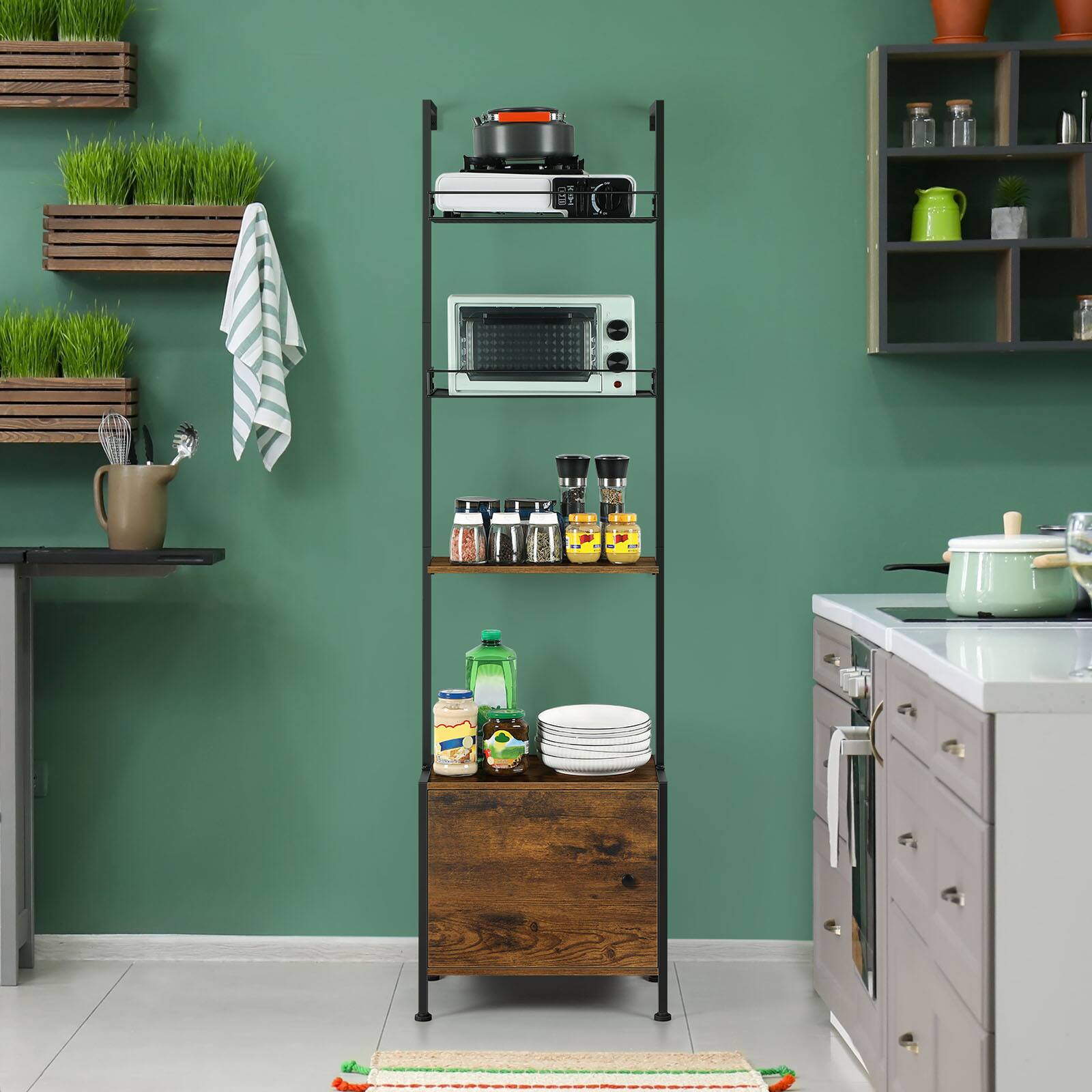 Alt View 2. Oumilen - 4-Tier Ladder Style Storage Shelf with Lockable Cabinet, Matte Black Metal Frame Dark Ash Wood Grain Display Rack, Brown - Brown.