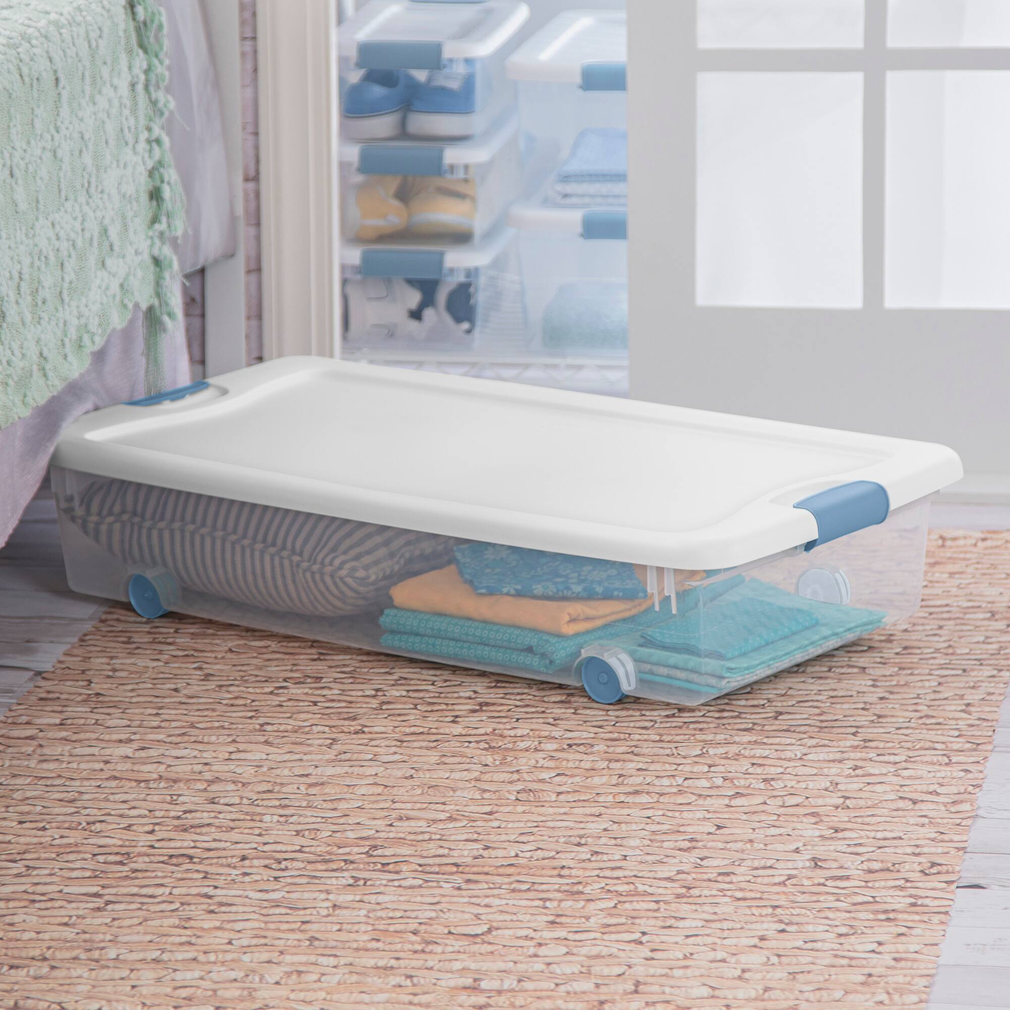 Alt View 5. Sterilite - Sterilite 56 Quart Latching Stackable Wheeled Storage Container w/ Lid (12 Pack) - Clear/blue.