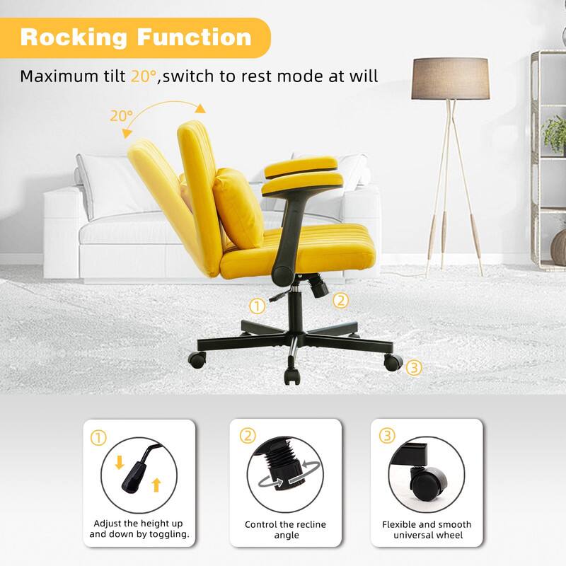 Rocking Function  
Maximum tilt 20°, switch to rest mode at will  

1. Adjust the height up and down by toggling.  
2. Control the recline angle  
3. Flexible and smooth universal wheel
