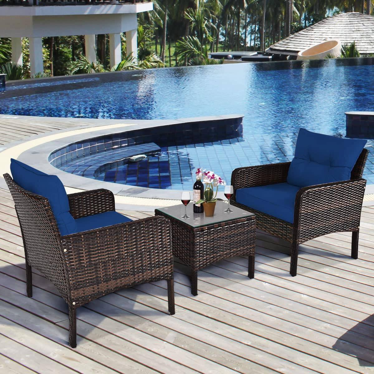 Left. Hivvago - 3-Piece Brown PE Rattan Outdoor Dining Patio Furniture Set with Blue Cushions - Brown, Blue.