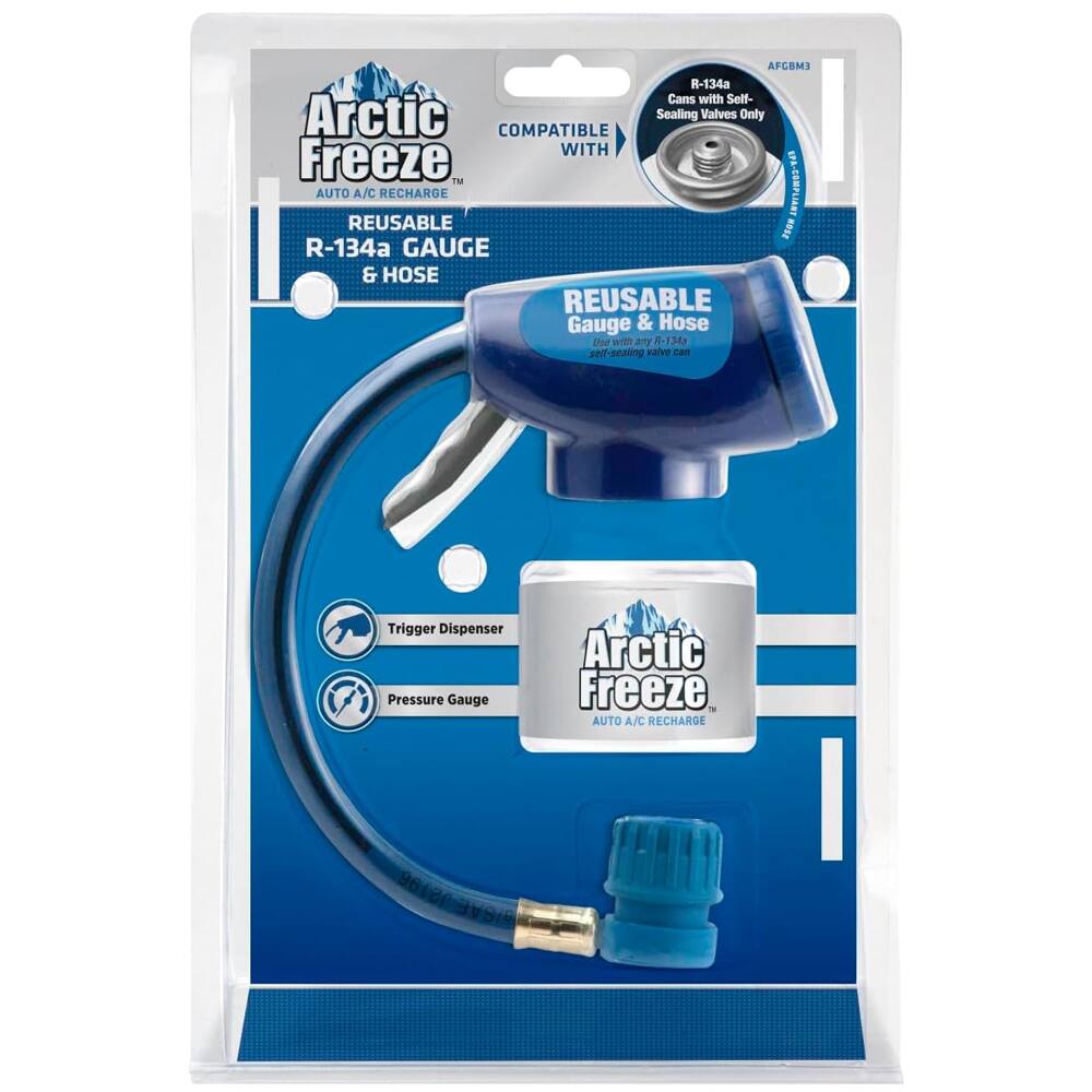 AFGBM3 R-134a Cans with Self-Sealing Valves Only  
COMPATIBLE WITH Freeze™ AUTO REUSABLE A/C RECHARGE HOSE  
EPA-COMPLIANT R-134 GAUGE & HOSE  
REUSABLE Gauge & Hose  
Use with any 134g self-sealing valve can  
Trigger Dispenser Pressure Gauge  
Arctic Freeze™ AUTO A/C RECHARGE  
J2196 g/SAE