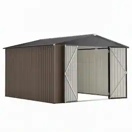 RYHNUYNE - 10x10 ft Metal Shed Lockable Doors Reinforced Frame Backyard Garden Tools - Brown