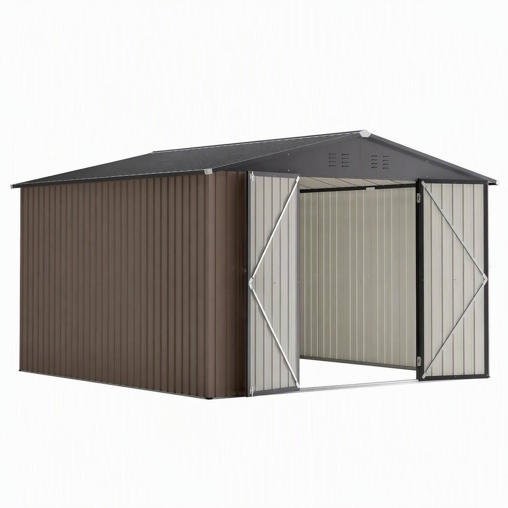 Front. RYHNUYNE - 10x10 ft Brown Metal Shed Lockable Doors Reinforced Frame Backyard Garden Tools - Brown.