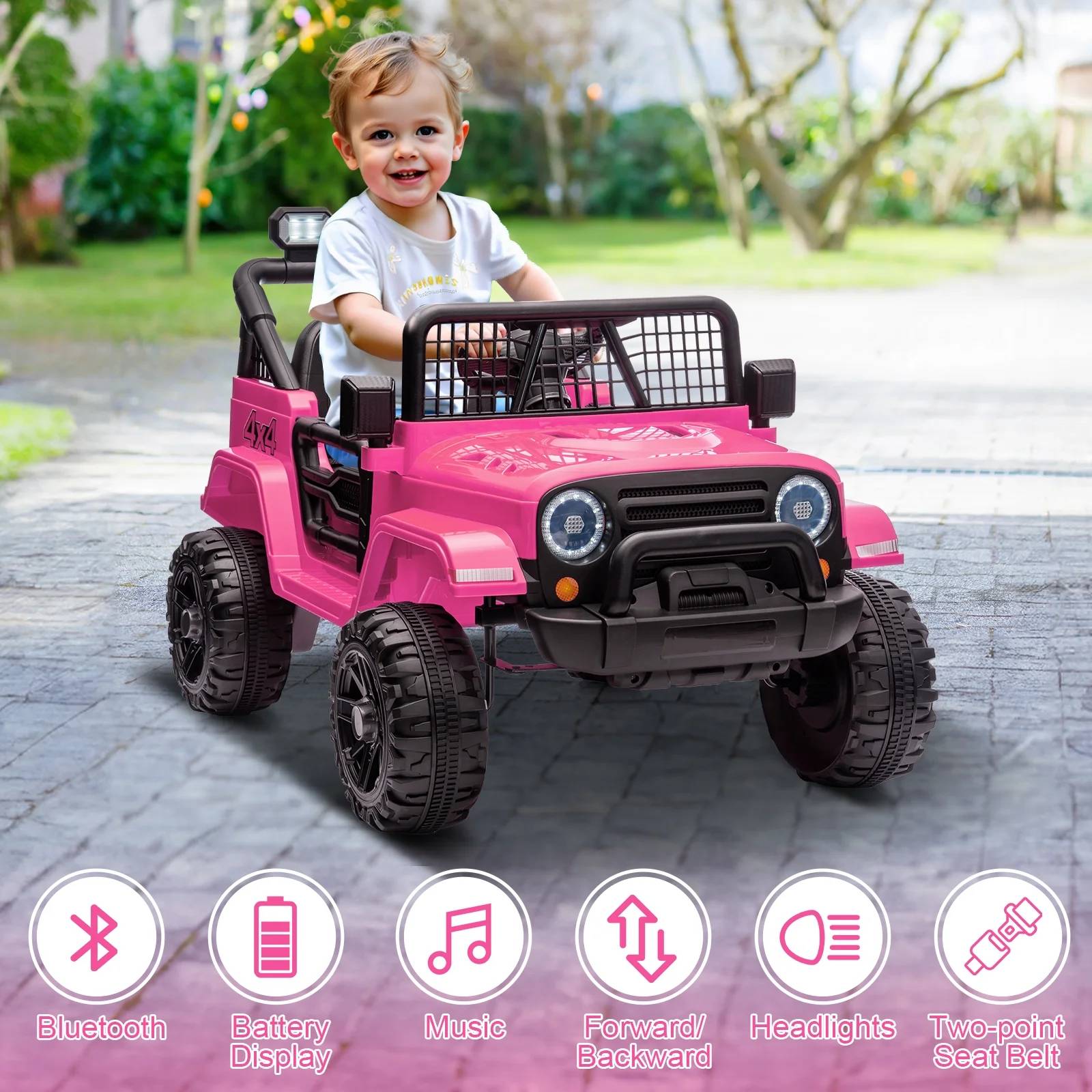 - Bluetooth
- Battery Display
- Music
- Forward/Backward
- Headlights
- Two-point Seat Belt