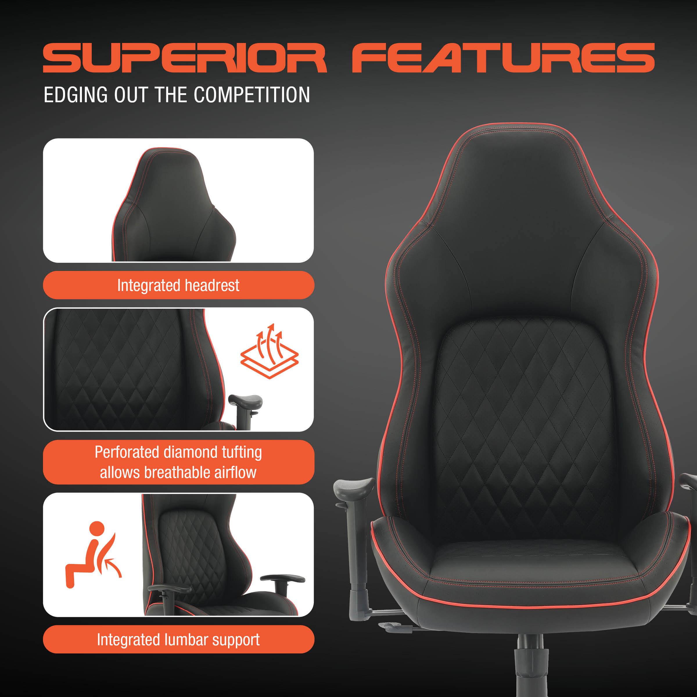Superior Features Edging Out the Competition: Integrated headrest, Perforated diamond tufting allows breathable airflow, Integrated lumbar support.