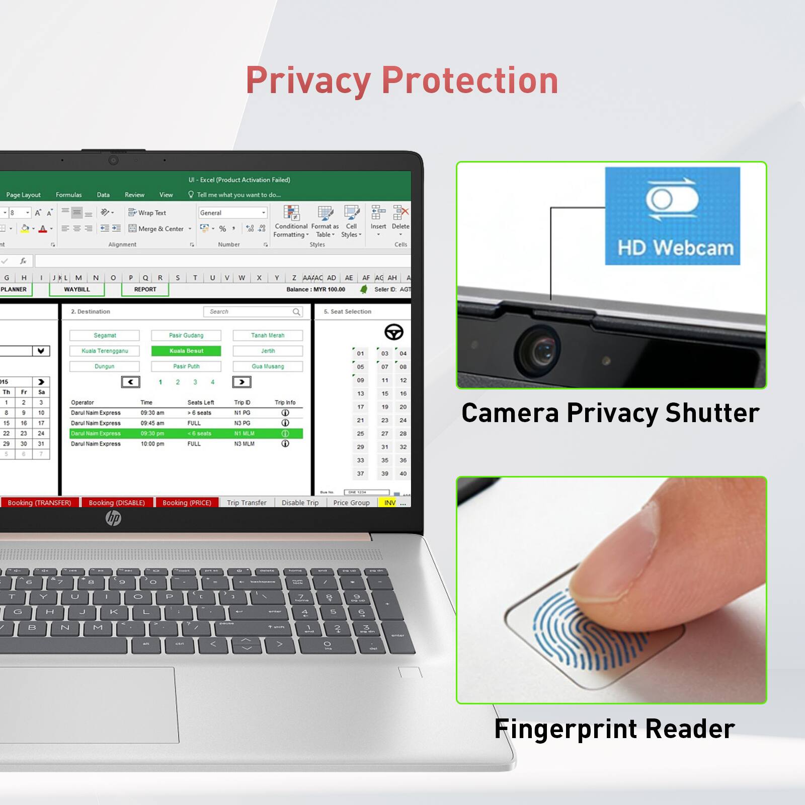 Privacy Protection

- Excel (Product Activation Failed)
- Page Layout
- Formulas
- Data
- Review
- View
- General
- Merge & Center
- Alignment
- Number
- Formatting
- Table Styles
- Styles
- HD Webcam
- Camera Privacy Shutter
- Fingerprint Reader