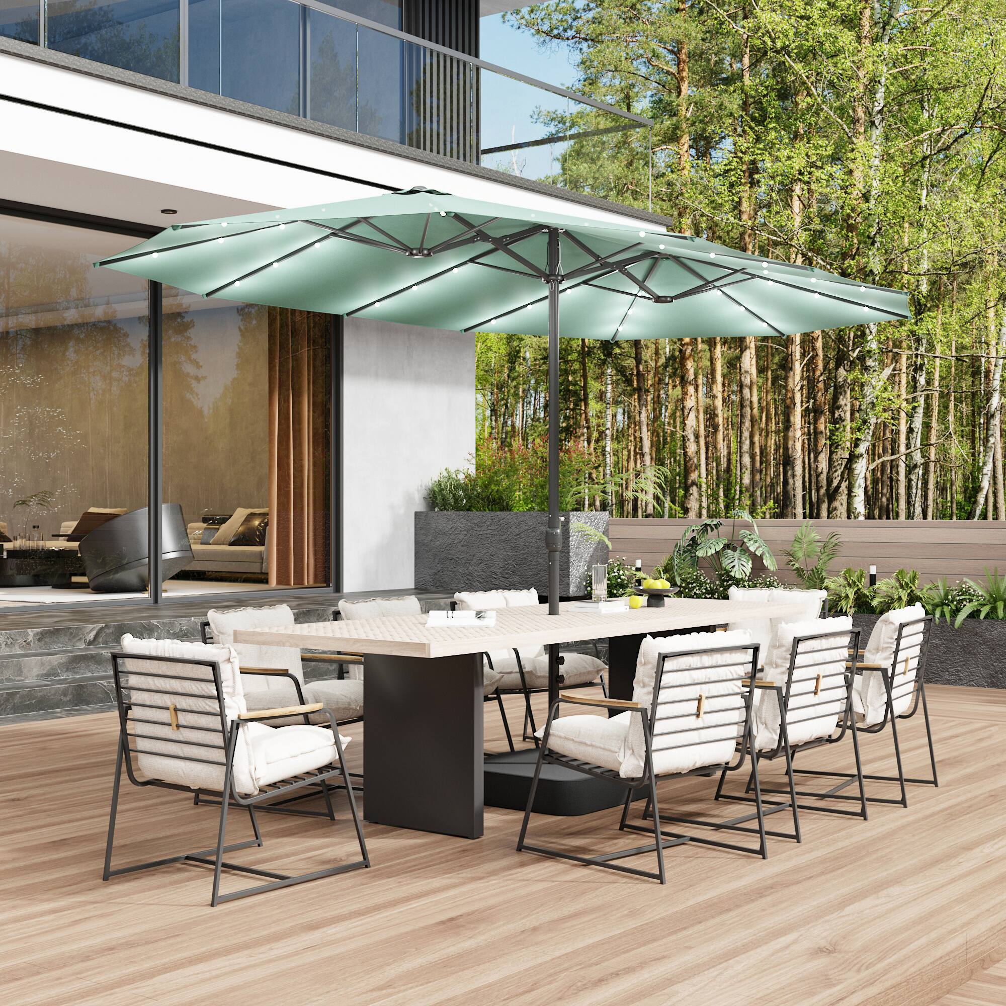 Left. Famapy - Large Rectangular Outdoor Patio Umbrella with Integrated Edge LED Lights Day-to-Night Shade Multiple Colors - Mint green.