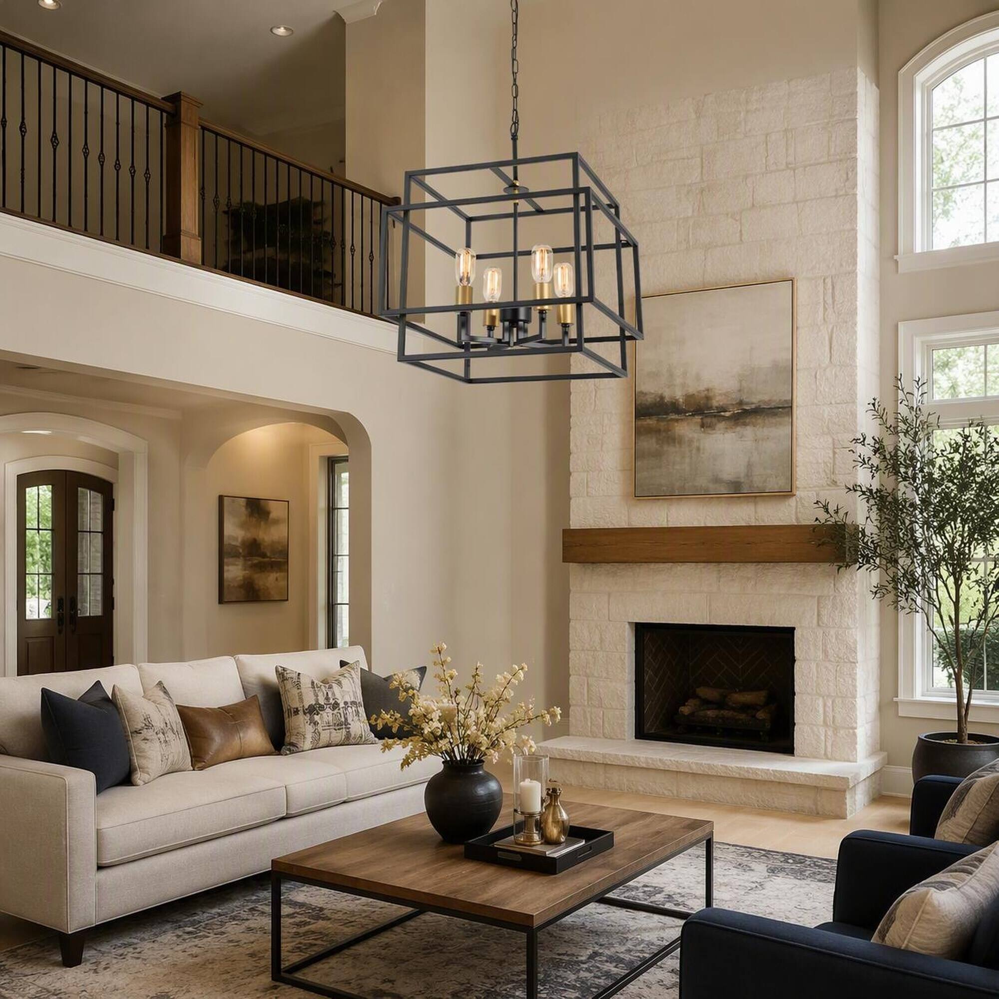 Angle. RYHNUYNE - Square 4-Light Chandelier with Black and Gold Accents, Adjustable Chain for Sloped or Flat Ceilings, Ideal.