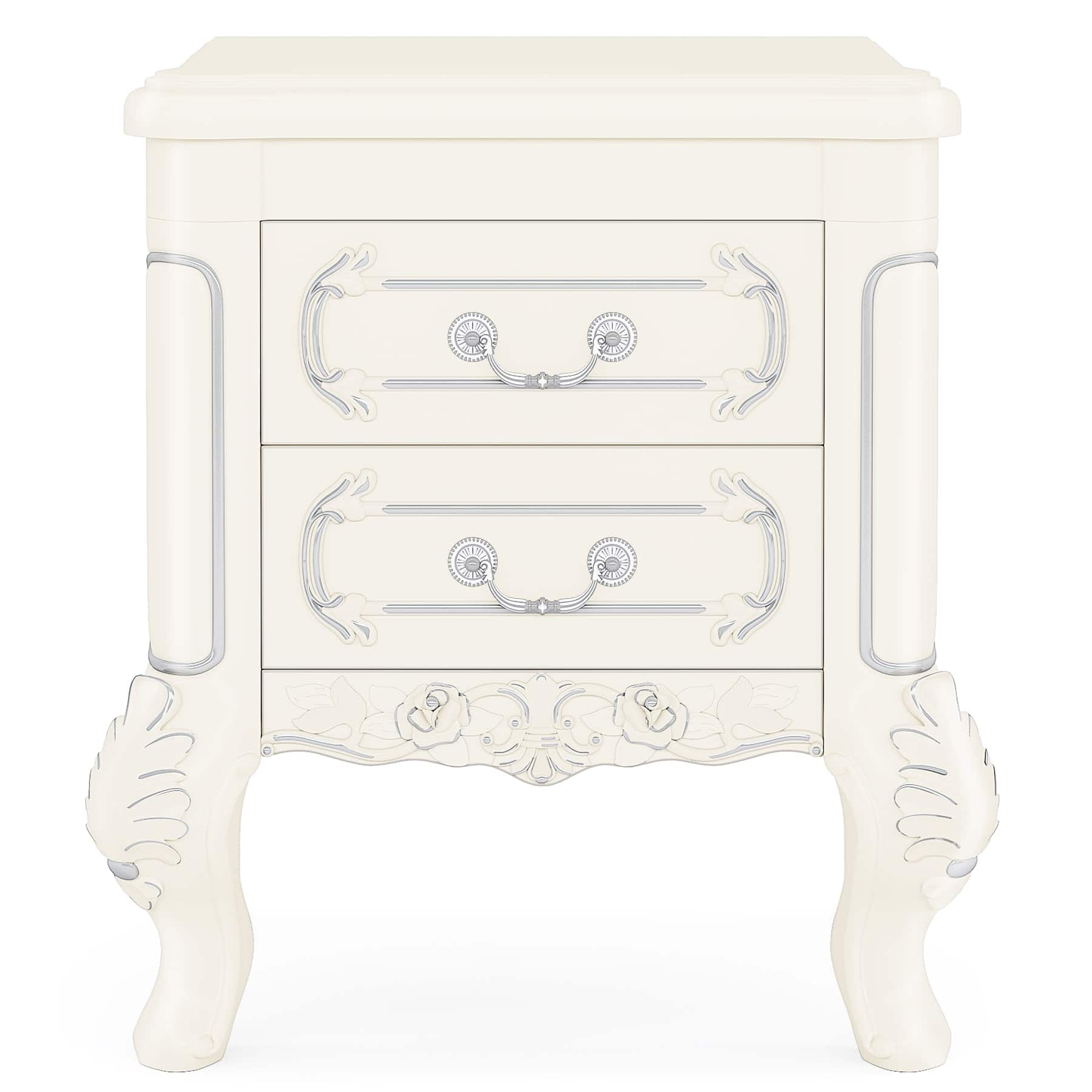 Kadyn - Elegant Carved Nightstand, Dual Drawer End Table for Bedroom, Sturdy & Stylish - White