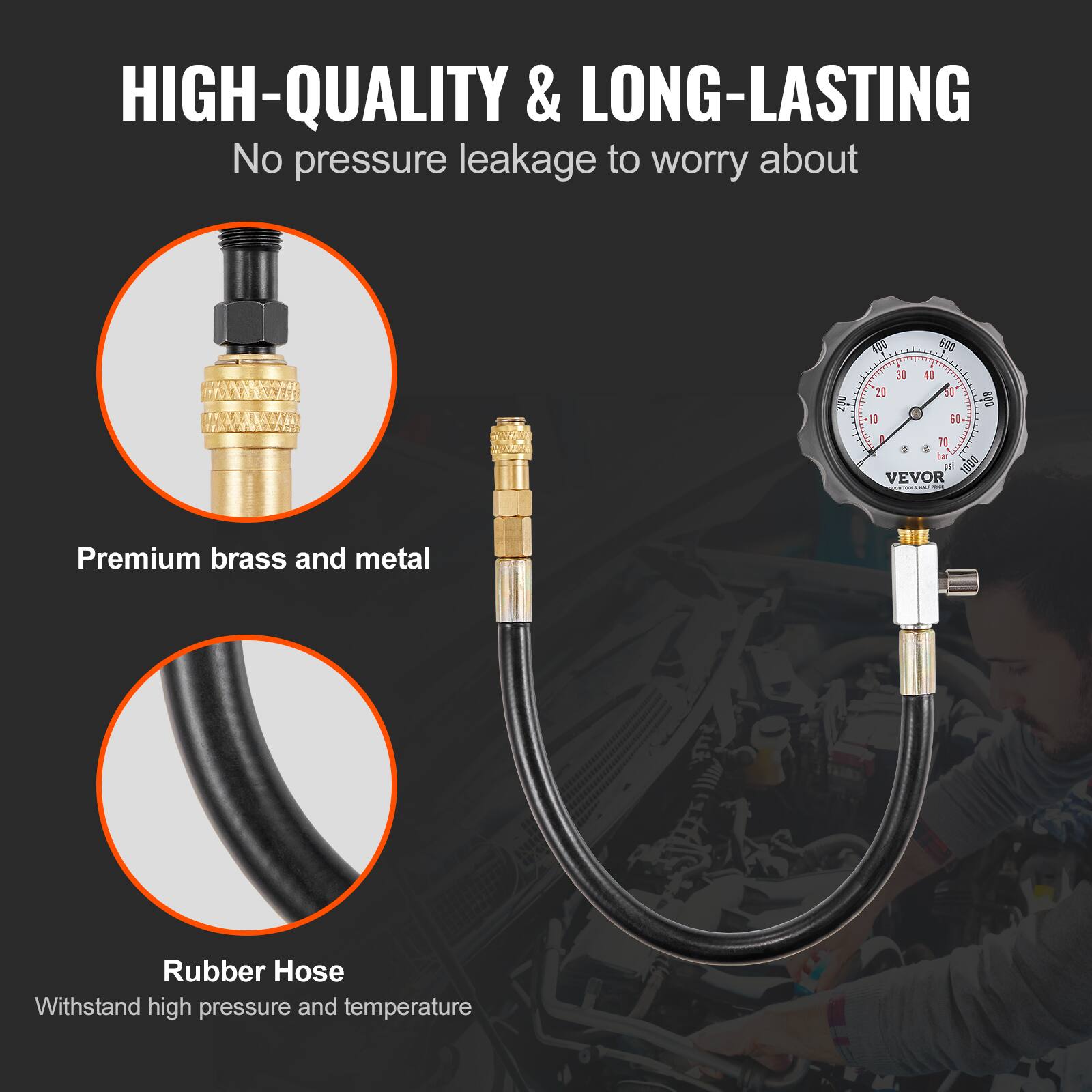 HIGH-QUALITY & LONG-LASTING  
No pressure leakage to worry about  

Premium brass and metal  

Rubber Hose  
Withstand high pressure and temperature