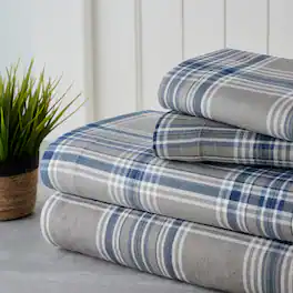 Bibb Home - Printed Flannel 4 Piece Sheet Set - Navy Plaid