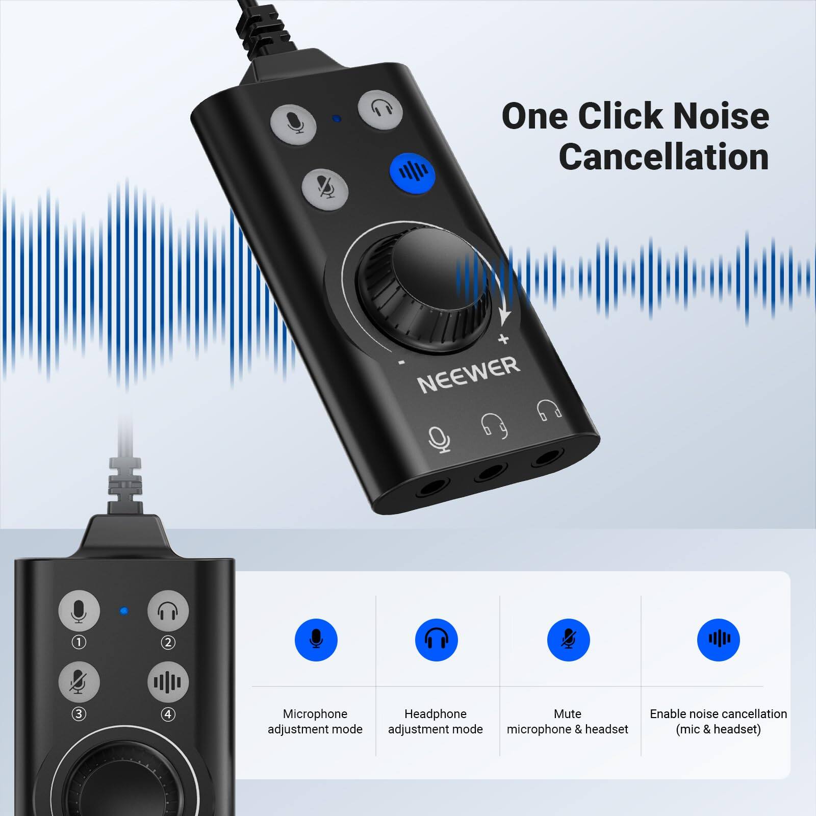 One Click Noise Cancellation NEENER 1 2 3 4 Microphone Headphone Mute Enable noise cancellation adjustment mode adjustment mode microphone & headset (mic & headset)