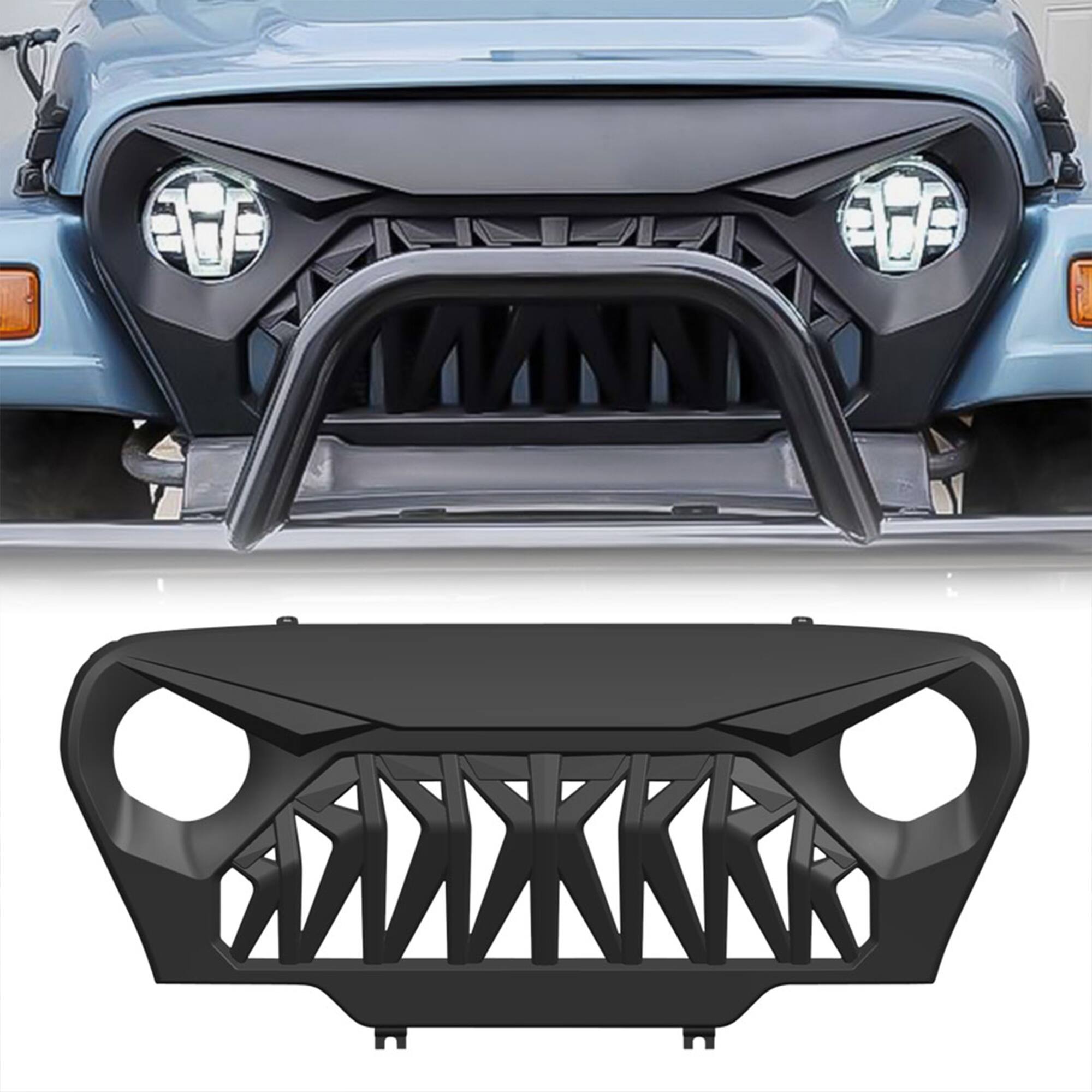 Front. AMERICAN MODIFIED - AMERICAN MODIFIED Shark Grille Compatible w/ 1997-2006 Jeep Wrangler TL or LJ - Matte Black.