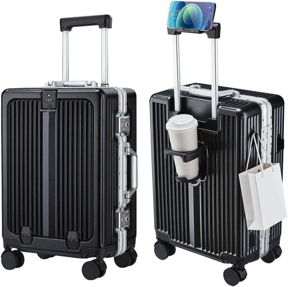 Front. Quick Deer - 20 Inch Carry On Luggage with Front Pocket, Aluminum Frame Hardshell Suitcase with Spinner Wheels and Cup Holder - Black.