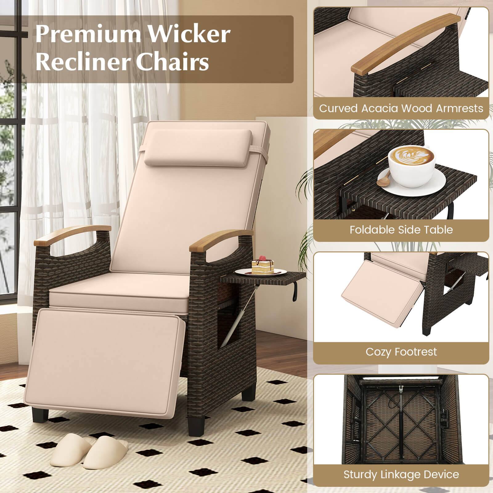 Premium Wicker Recliner Chairs

- Curved Acacia Wood Armrests
- Foldable Side Table
- Cozy Footrest
- Sturdy Linkage Device