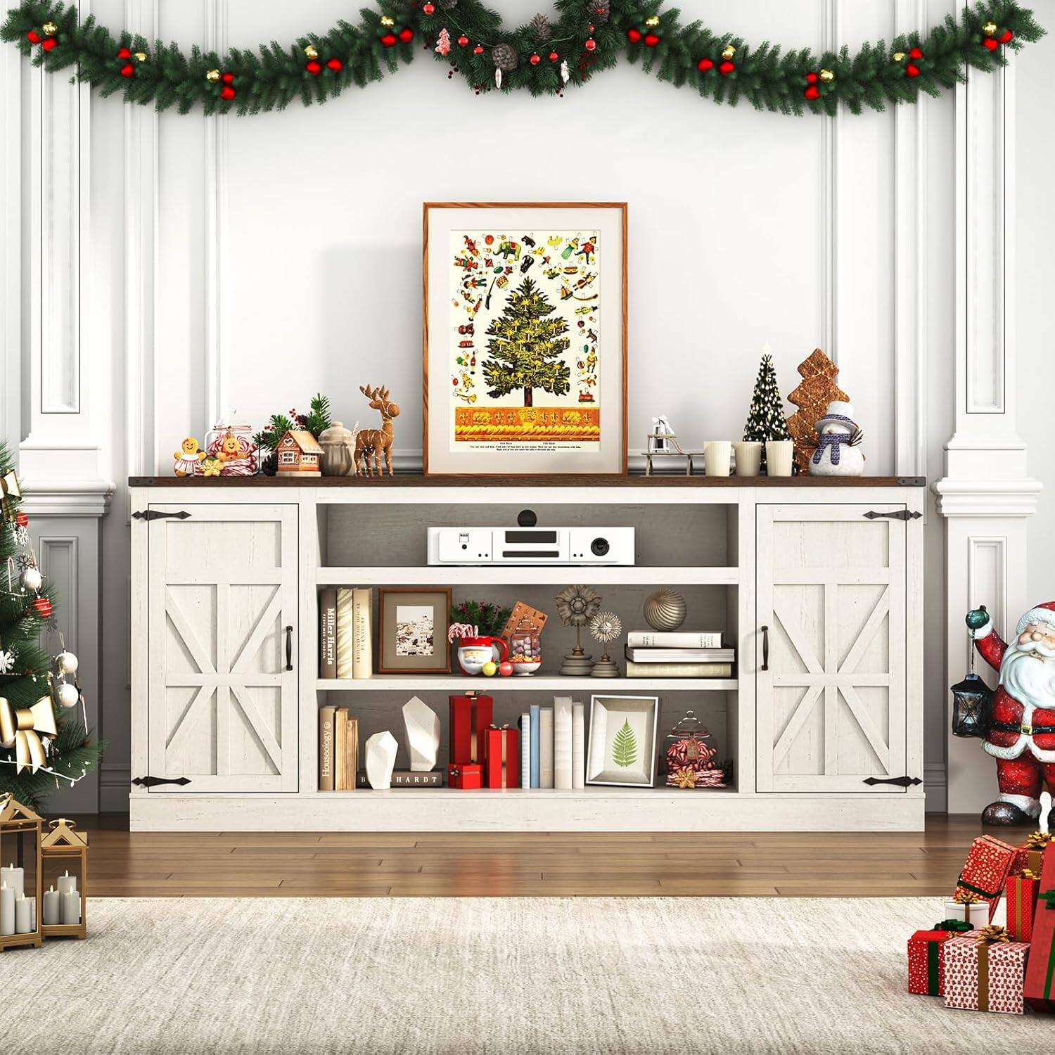 Left. Espafurni - 75" Farmhouse TV Stand w/Power Outlet, 33"H, Adjustable Shelves & Storage – Fits 85" TV - White.