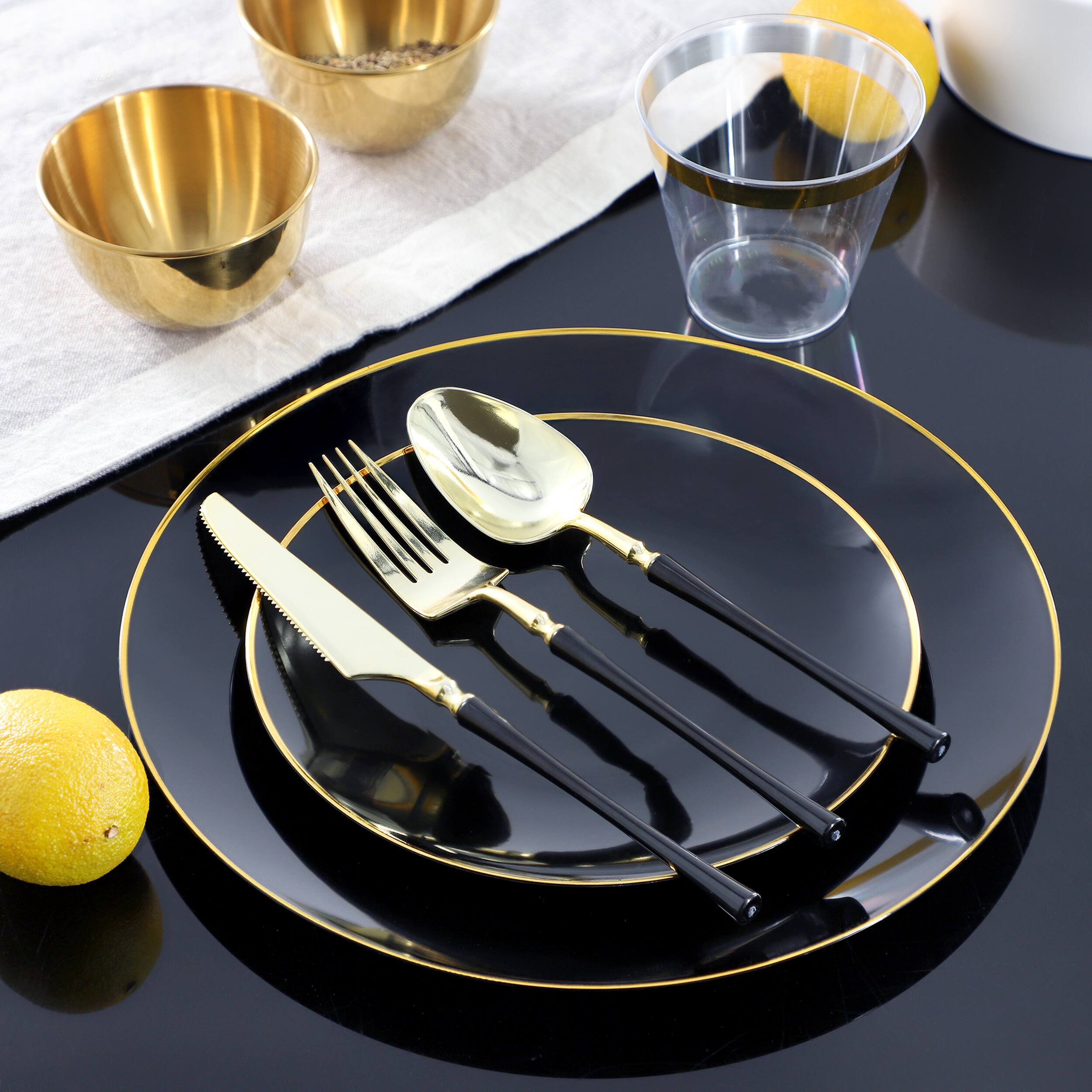 Alt View 7. Elama - Elama 150 Piece Disposable Plastic Dinnerware Party Set for 25 Guests in Black with Gold Trim - Black.