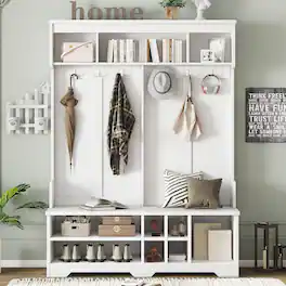 Loheer - Modern Hall Tree, Entryway Coat Rack with Shoe Cubbies, Metal Hooks, 59.1 Inch Wide - White