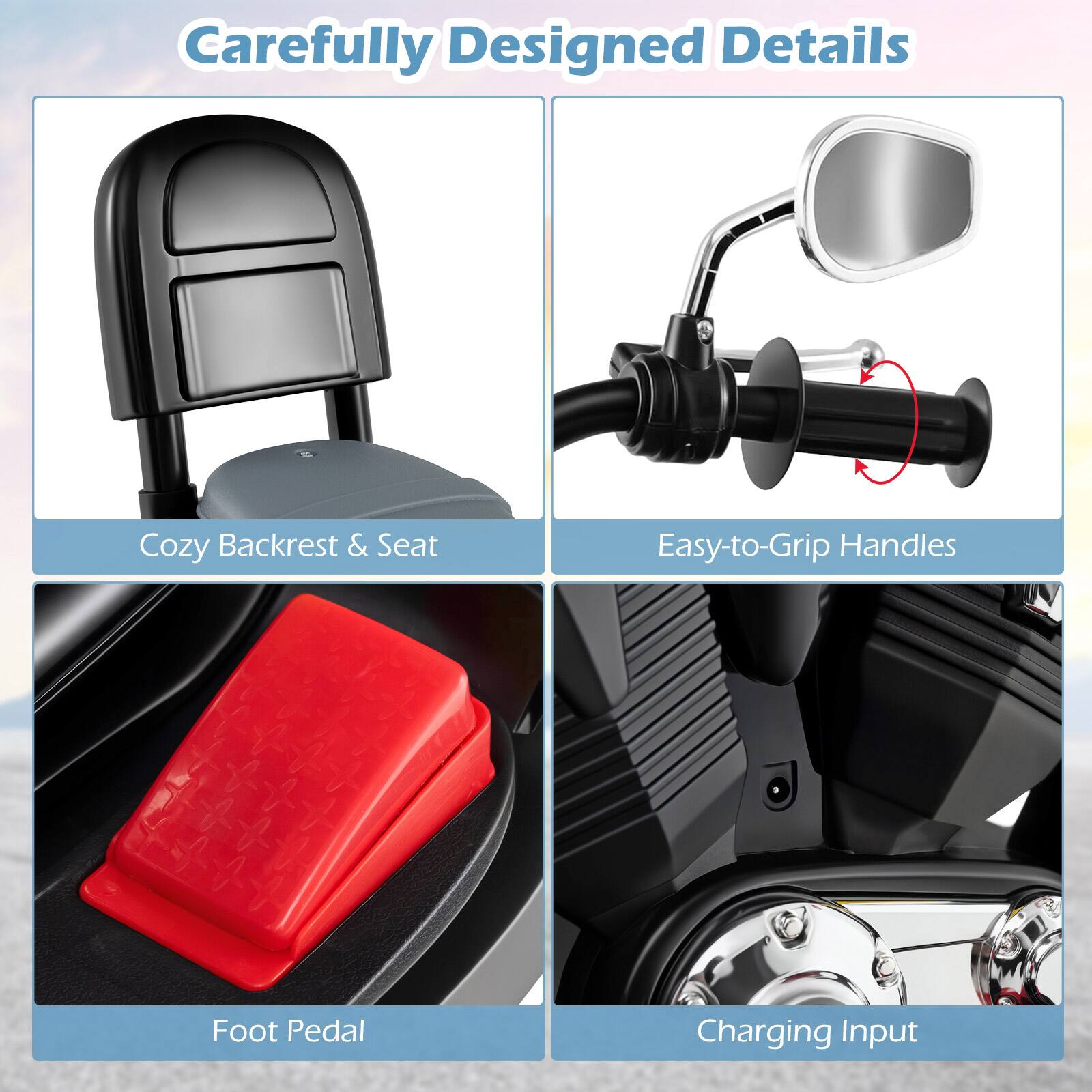 Carefully Designed Details

Cozy Backrest & Seat

Easy-to-Grip Handles

Foot Pedal

Charging Input