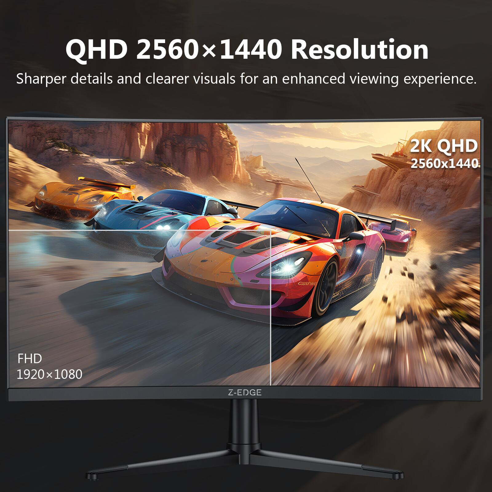 QHD 2560 x 1440 Resolution  
Sharper details and clearer visuals for an enhanced viewing experience.  
2K QHD 2560x1440  
FHD 1920x1080  
Z-EDGE