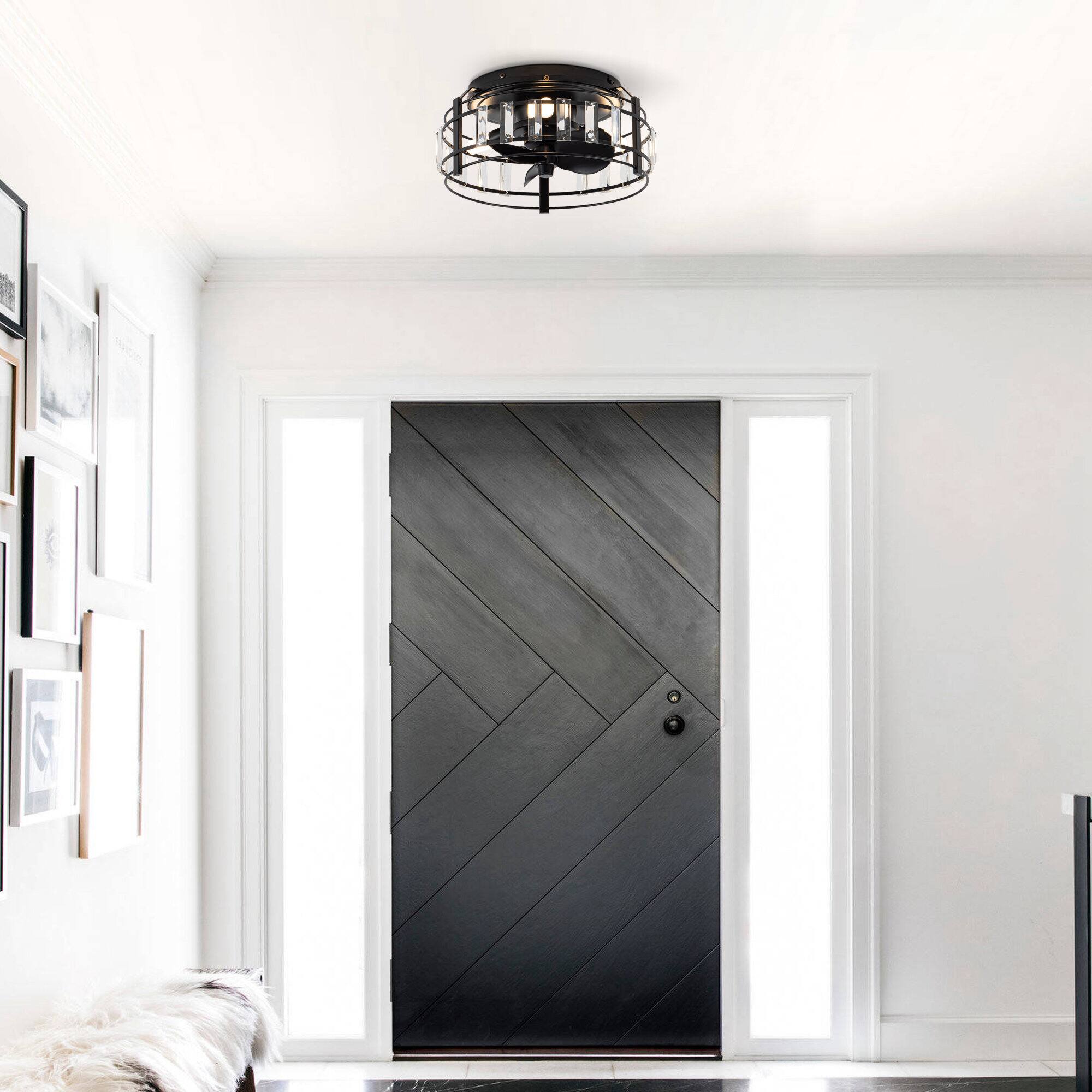 Left. Parrot Uncle - 13" Modern Flush Mount Crystal Ceiling Fan with LED Light - Matte Black.