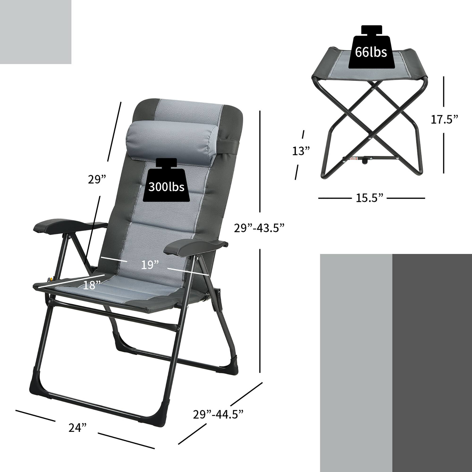 The text on the image is grouped and corrected as follows:

* 66lbs I 13" 17.5" 29" 300lbs 15.5" 29"-43.5" 19" 18" 24" 29"-44.5"

The text is now grouped and correctly aligned, showing the dimensions and weight of the chair.