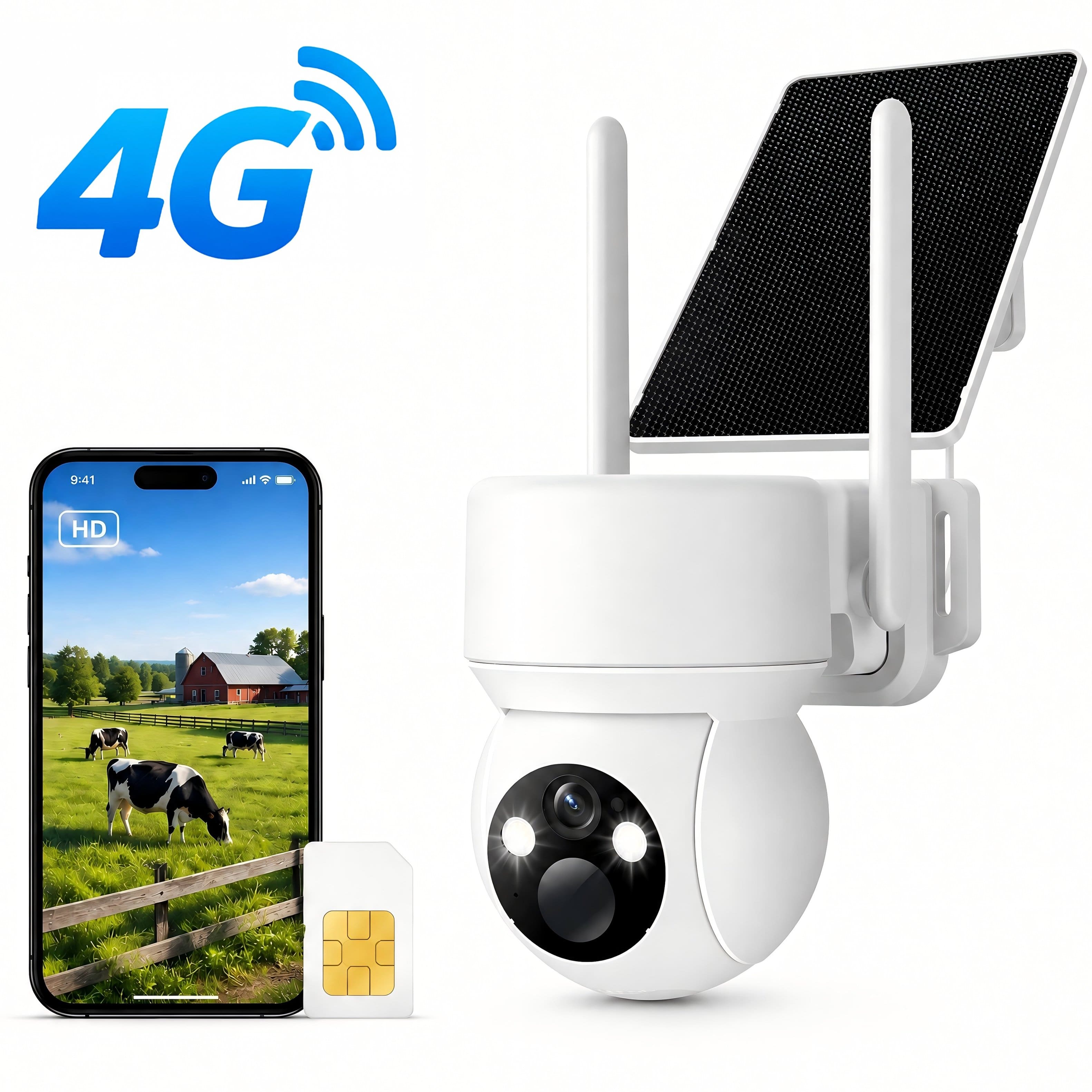 COQOOL - Solar Security Camera Wireless Outdoor, 4G LTE, SIM Card, No WiFi, 360° Pan Tilt, 2K Night Vision - White