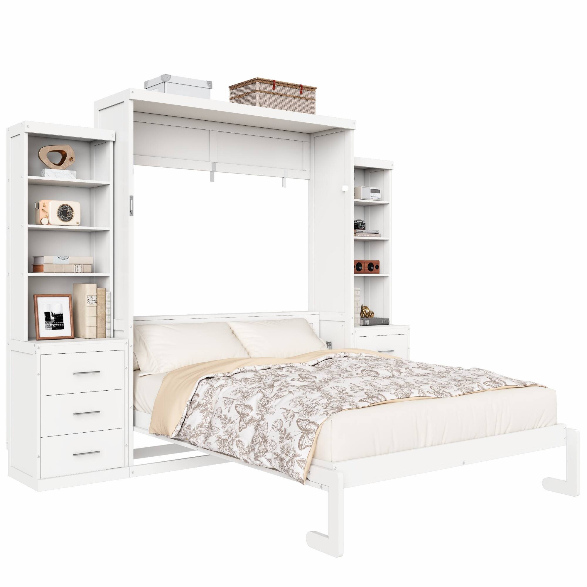 Back. Whisen - Queen Size Murphy Bed with Dual-Side Storage Shelves and Drawers, Space-Saving Foldable Bed - White.