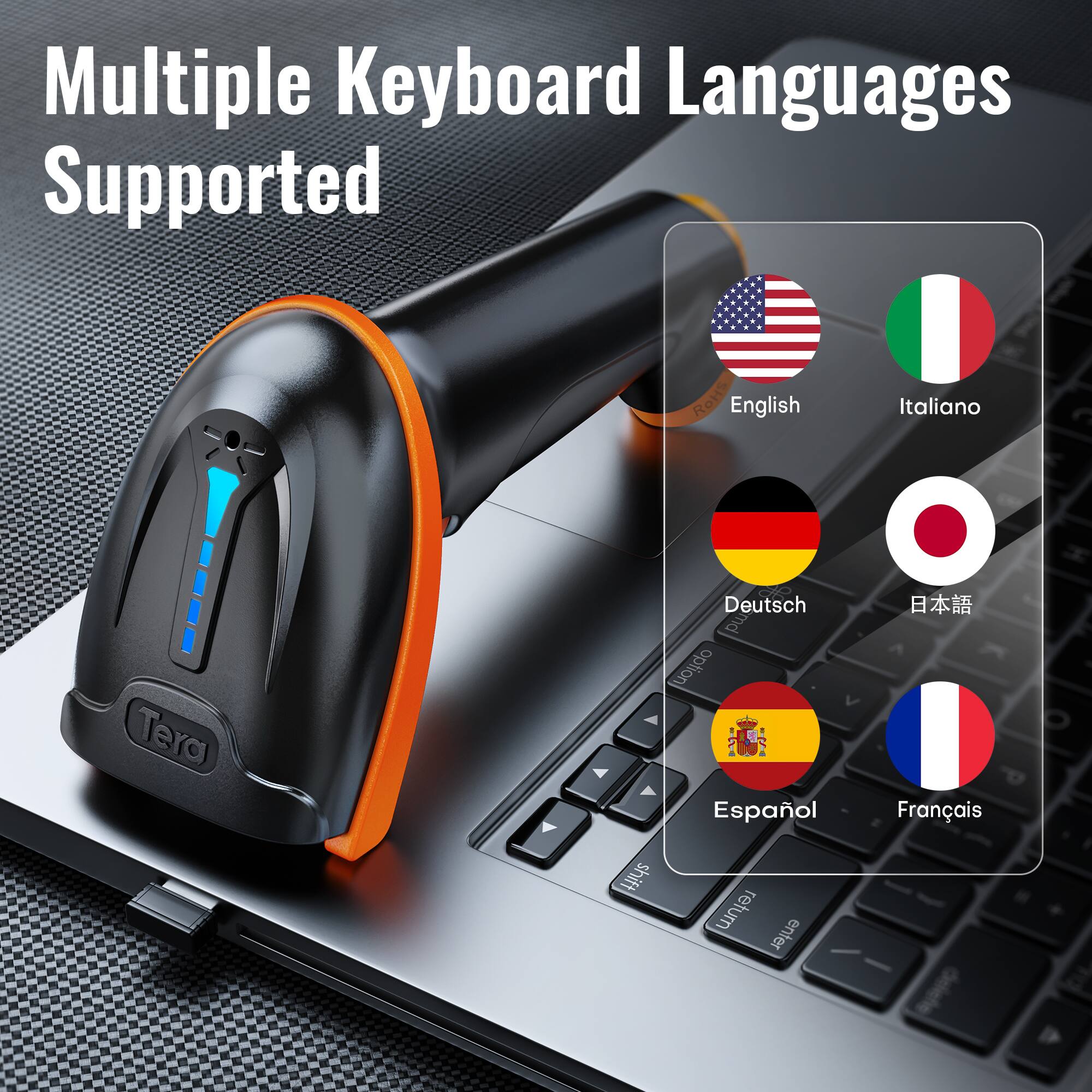 Multiple Keyboard Languages Supported

- English
- Deutsch
- Español
- Italiano
- Français
- 日本語