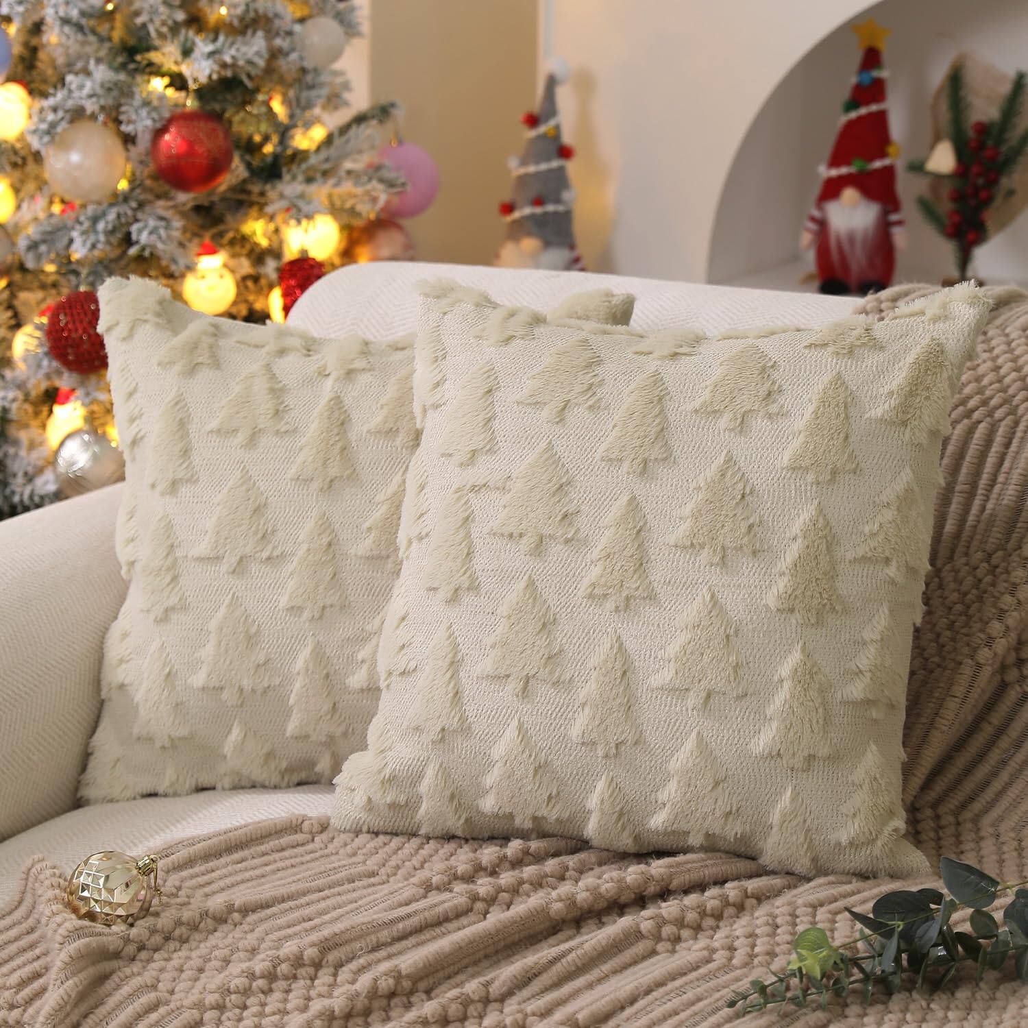 Stylel Star - DFXSZ Christmas Tree Pillow Covers 18x18 inch Set of 2 Christmas Decoration Soft Plush Faux Fur Jacquard Throw - Beige