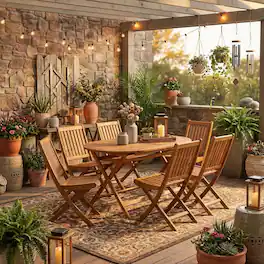 Outdoor Escape - 7-Piece Outdoor Table Set Wood Oil Finish with 6 Folding Chairs - Natural Oil