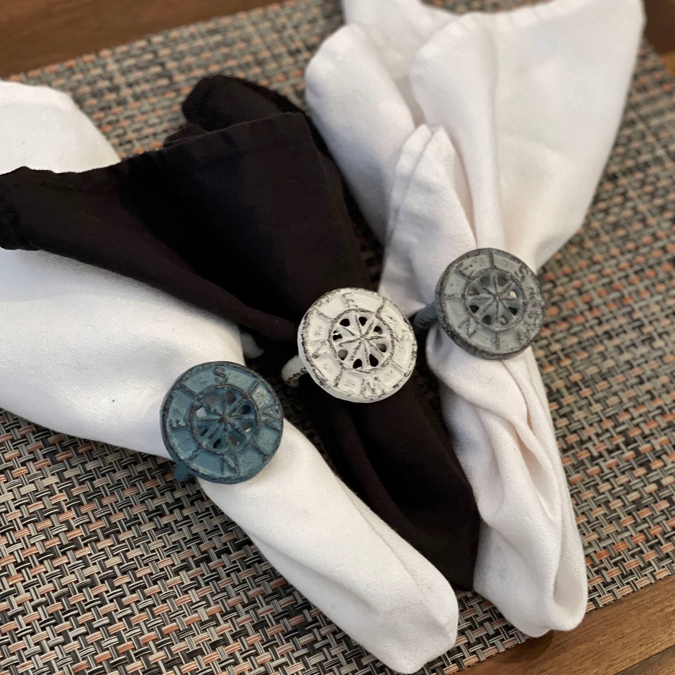 Alt View 5. Zeckos - Set of 6 Nautical Blue Cast Iron Compass Rose Napkin Rings Dining Decor - Nautical.