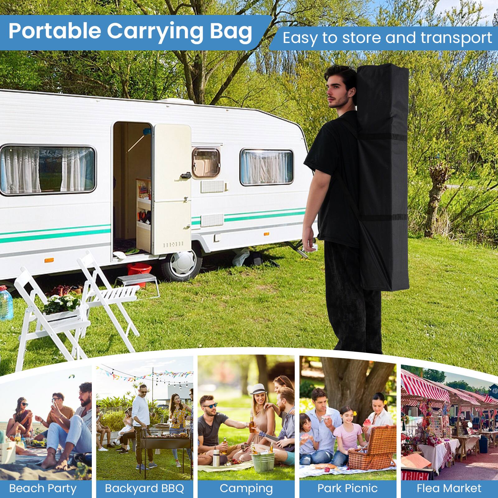 Portable Carrying Bag
Easy to store and transport
Beach Party
Backyard BBQ
Camping
Park Picnic
Flea Market