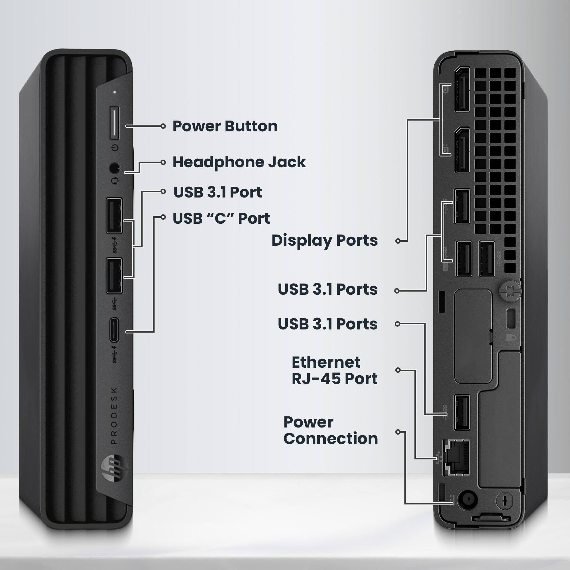 Power Button  
Headphone Jack  
USB 3.1 Port  
USB "C" Port  
Display Ports  
USB 3.1 Ports  
USB 3.1 Ports  
Ethernet RJ-45 Port  
Power Connection