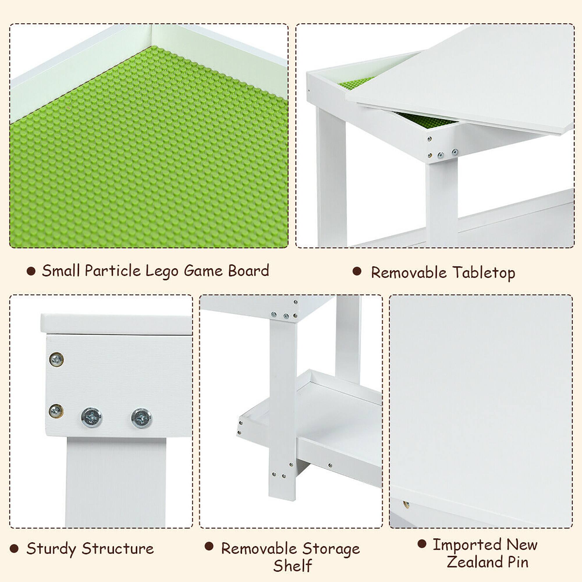 - Small Particle Lego Game Board
- Removable Tabletop
- Sturdy Structure
- Removable Storage Shelf
- Imported New Zealand Pin