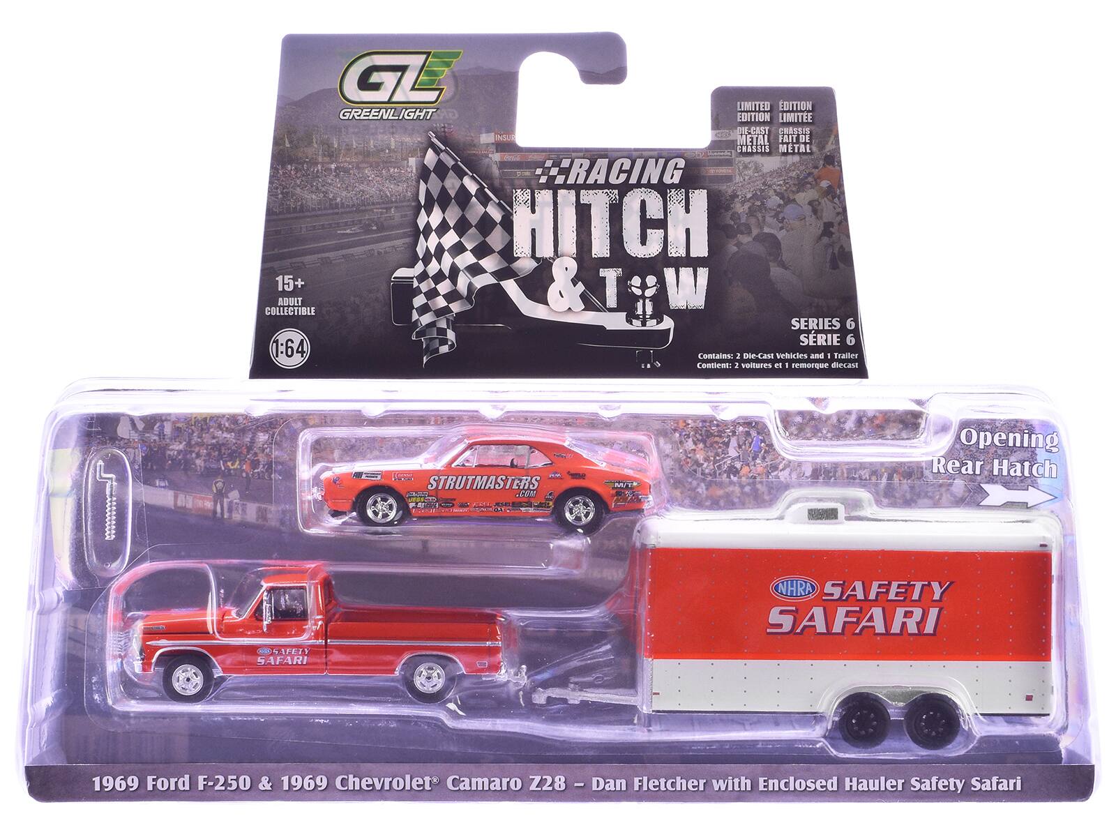 GE LIMITED EDITION GREENLIGHT EDITION LIMITEE DIE-CAST CHASSIS INSUR METAL AIT CHASSIS METAL CRACING HITCH 15+ & T W ADULT COLLECTIBLE SERIES 6 SRIE 6 1:64

Contains: 1 Die-Cast Vehicles and 1 Trailer

Content: 2 voitures et 1 remorque lecast

MS STRUTMASTERS

Opening Rear Hatch

ONAFEY SAFARI

NHRA SAFETY SAFARI

1969 Ford F-250 & 1969 Chevrolet Camaro Z28 - Dan Fletcher with Enclosed Hauler Safety Safari