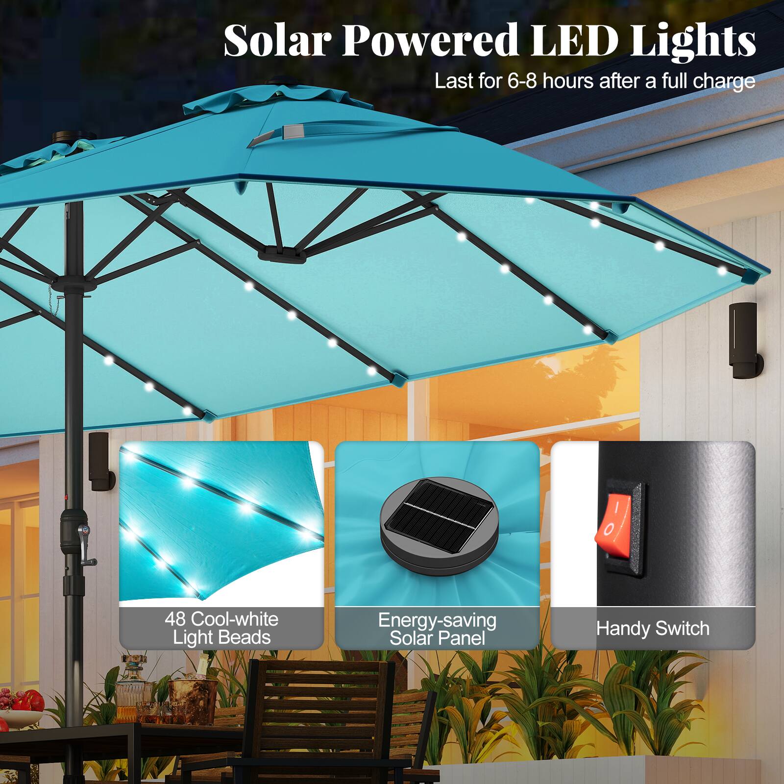 Solar Powered LED Lights  
Last for 6-8 hours after a full charge  

48 Cool-white Light Beads  
Energy-saving Solar Panel  
Handy Switch