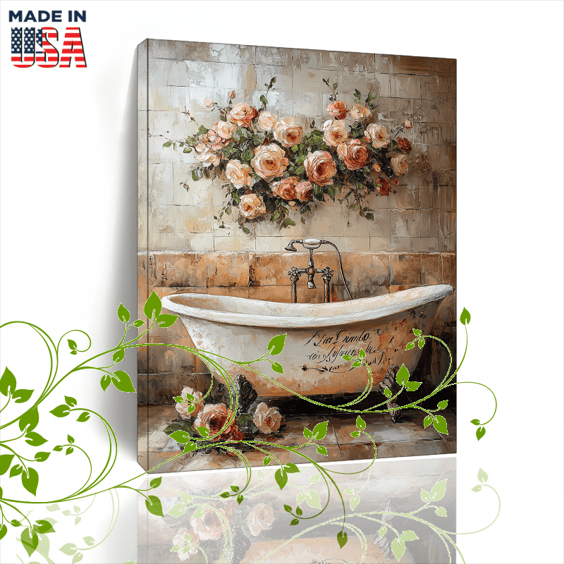 blue - Vintage Bathtub & Floral Canvas Art - Rustic Wooden Framed Oil Painting, Perfect for Christmas Decor or Gifts, 2D, Perf - Color:24*16in
