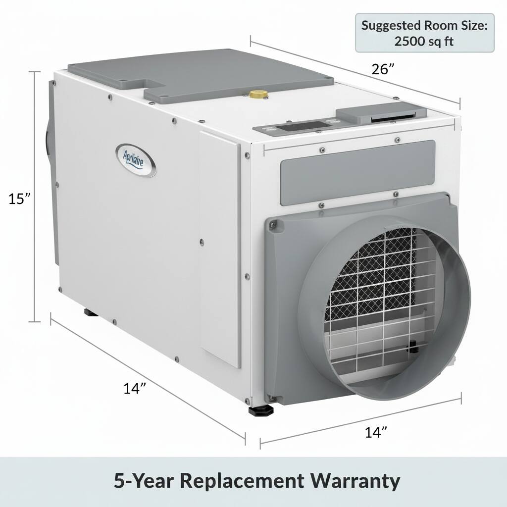 Suggested Room Size: 2500 sq ft  
26" x 15" x 14" x 14"  
5-Year Replacement Warranty