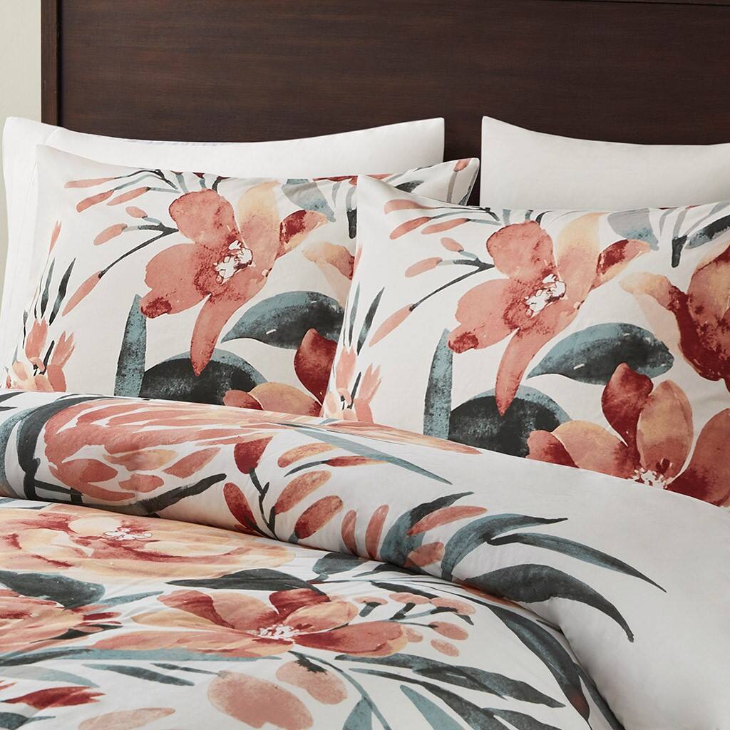 Alt View 2. Gracie Mills - Gracie Mills 3-Piece Modern Floral Print Cotton Duvet Cover Set - Peach/Off-White.