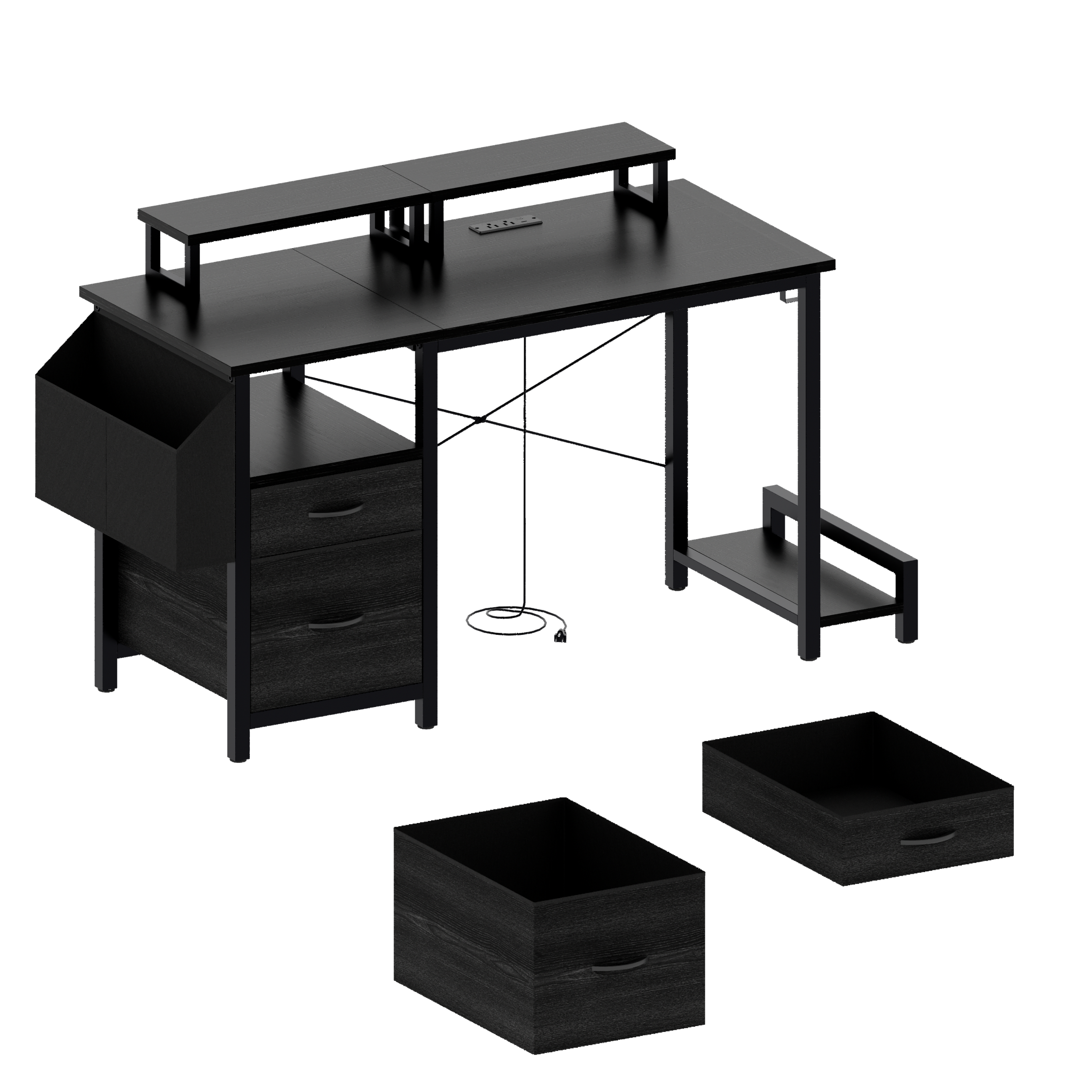 Alt View 2. Tiramisubest - 47" Computer Desk with 2 Fabric Drawers & Outlets,Office Desk with 2 Monitor Stands,Side Pocket,Shelves & Hooks,Black - Black.