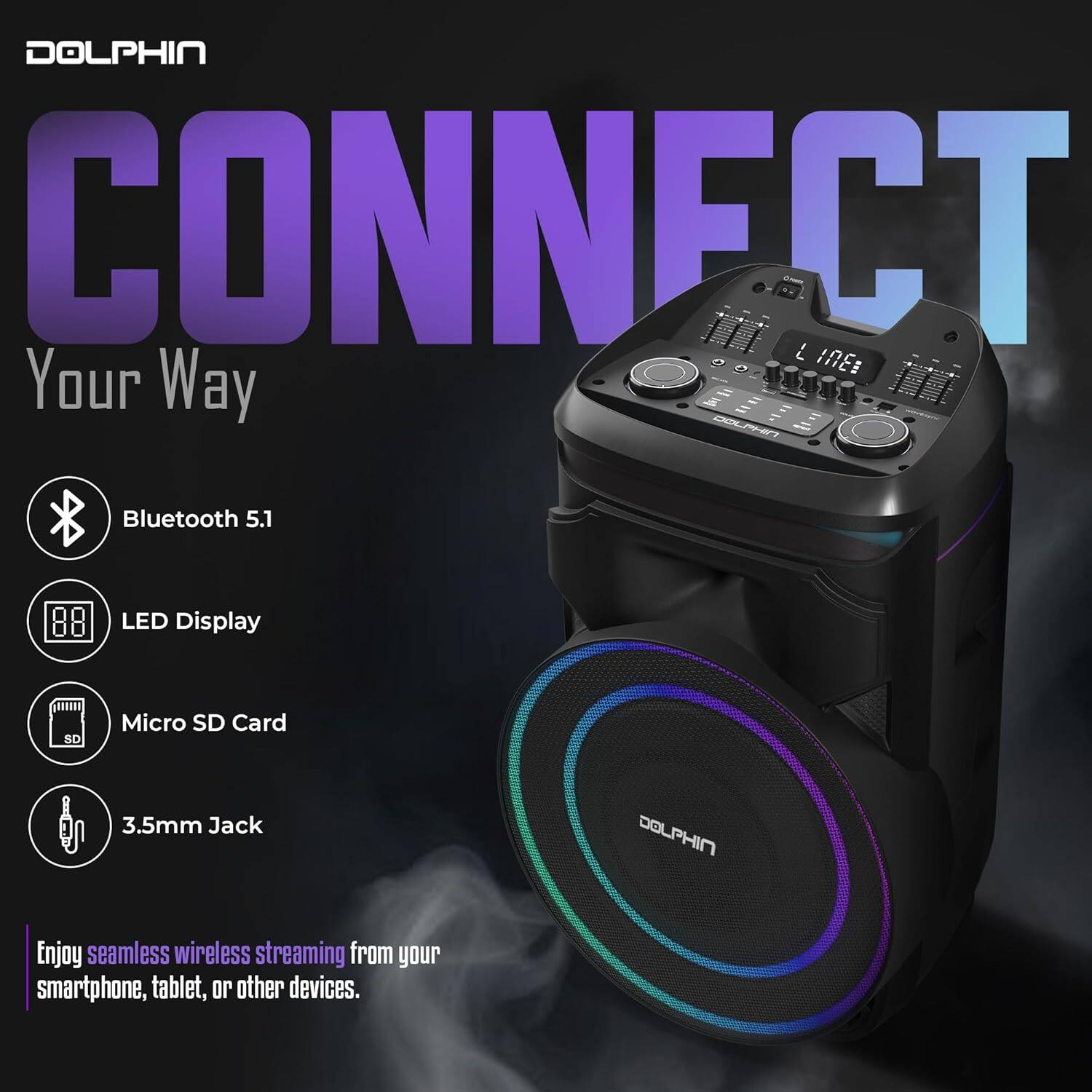 DOLPHIN CONNECT  
Your Way  
Bluetooth 5.1  
LED Display  
Micro SD Card  
3.5mm Jack  

Enjoy seamless wireless streaming from your smartphone, tablet, or other devices.