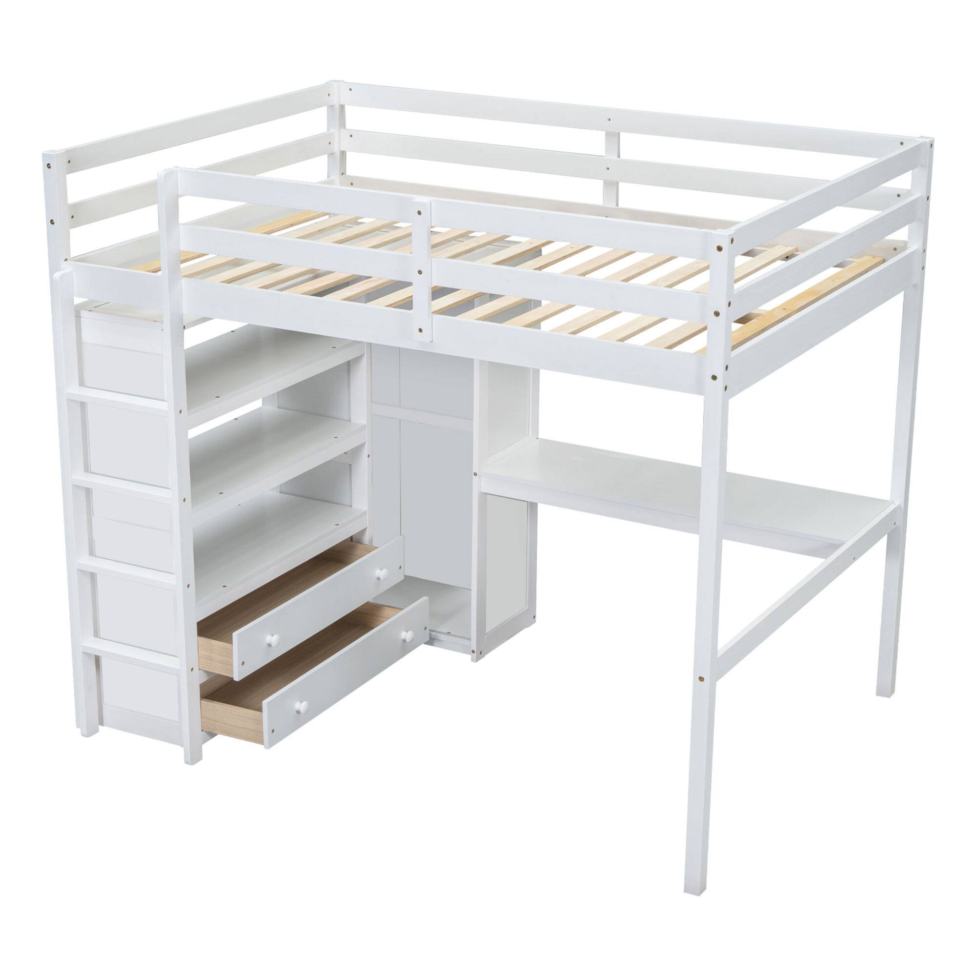 Alt View 2. Whisen - Full Size Wood Loft Bed with Built-in Wardrobe, Desk, Storage Shelves and Drawers - White.