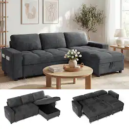 Dyonery - 81" L-Shaped Sleeper Sofa Bed with Pull-Out, Reclining Backrest, Storage Chaise & USB Ports, Chenille Gray - Chenille + Gray