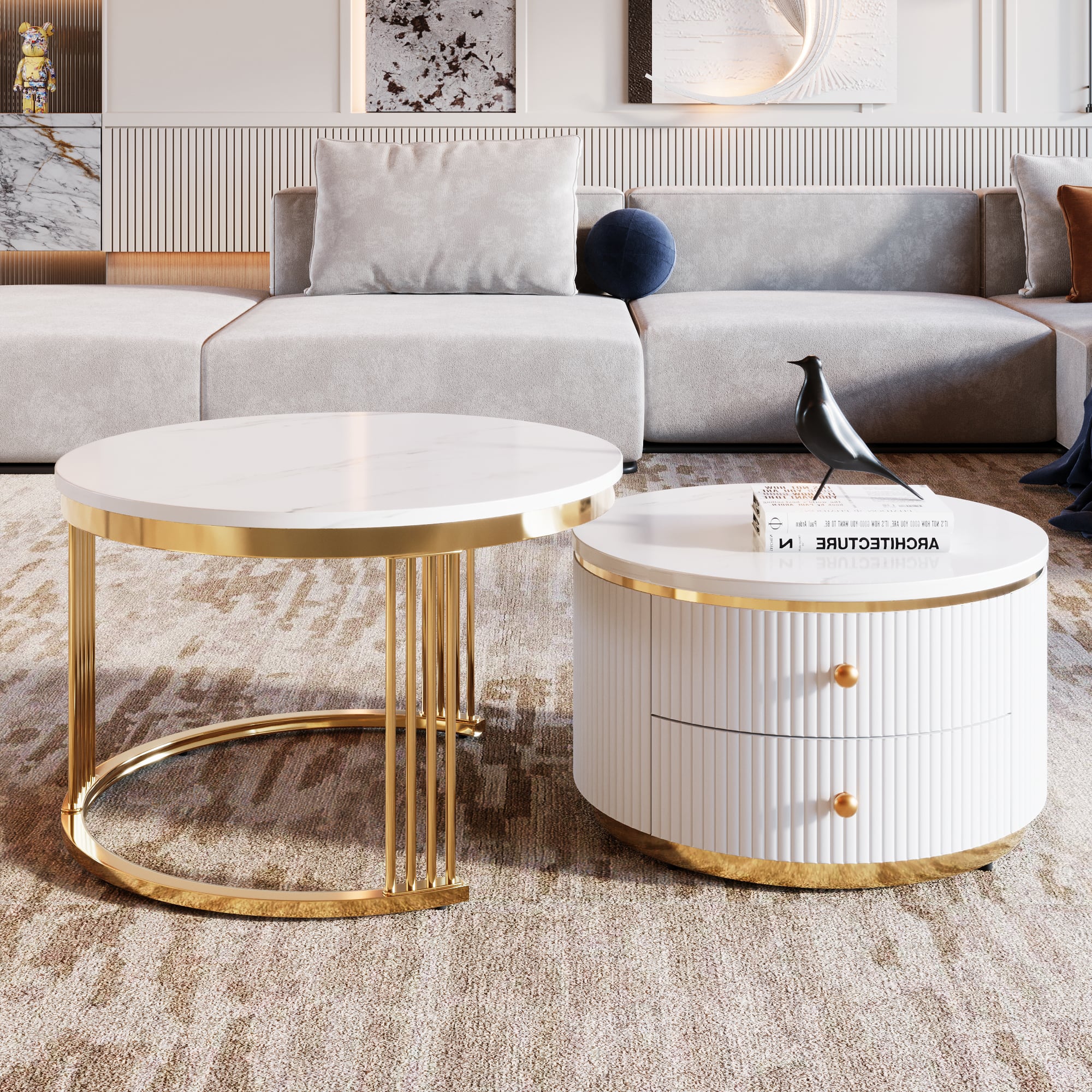 Tiramisubest - Modern 2 Pieces White Round Nesting Coffee Table with Drawers in 27.6" - Gold+White