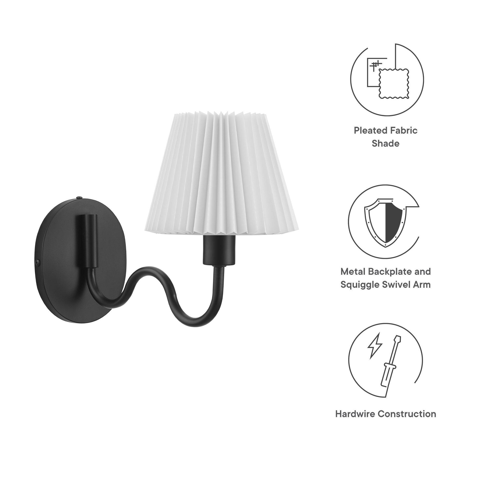 - Pleated Fabric Shade
- Metal Backplate and Squiggle Swivel Arm
- Hardwire Construction