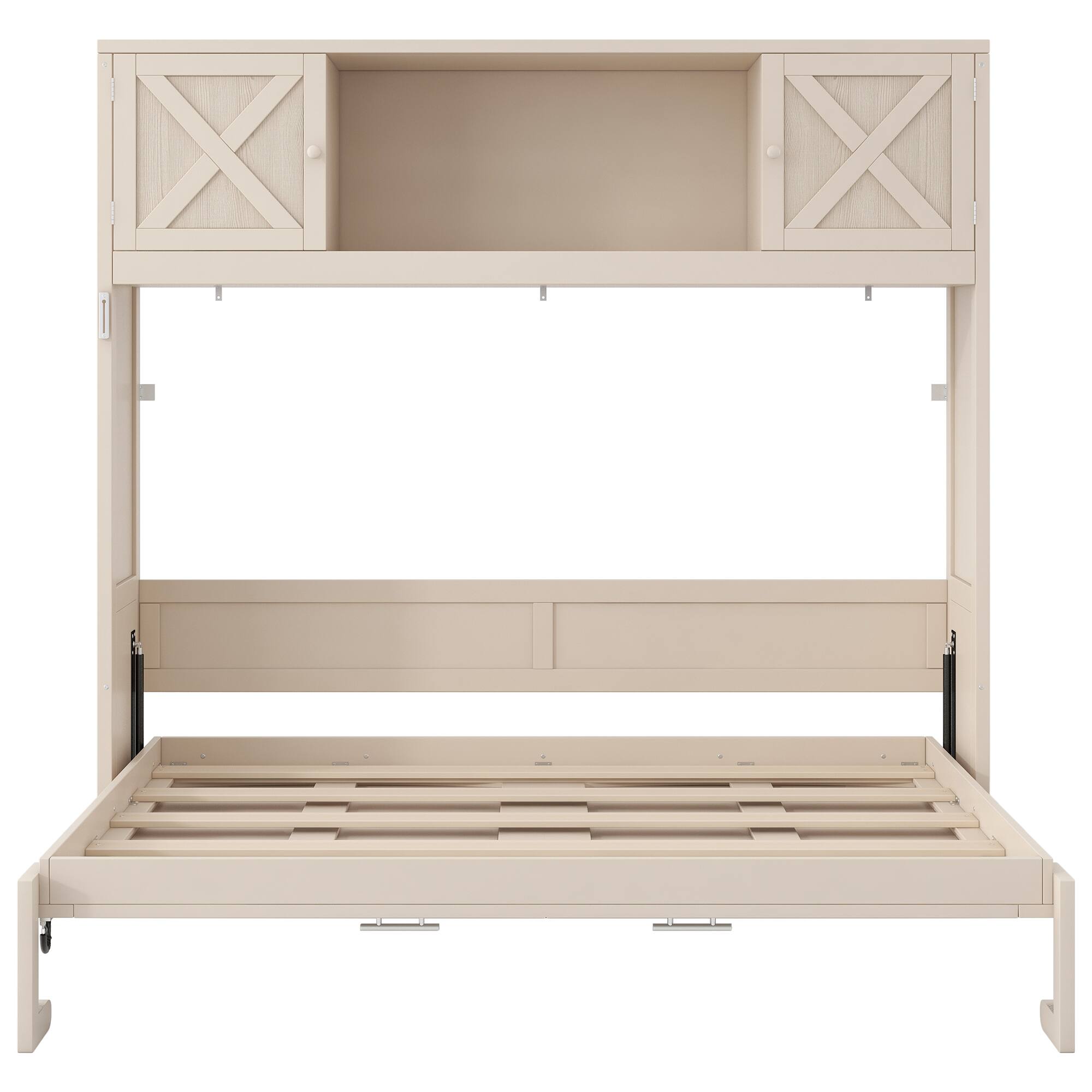 Back. Whisen - Full Size Murphy Bed with Integrated Storage Cabinets, Space-Saving Foldable Wall Bed Frame - Beige.